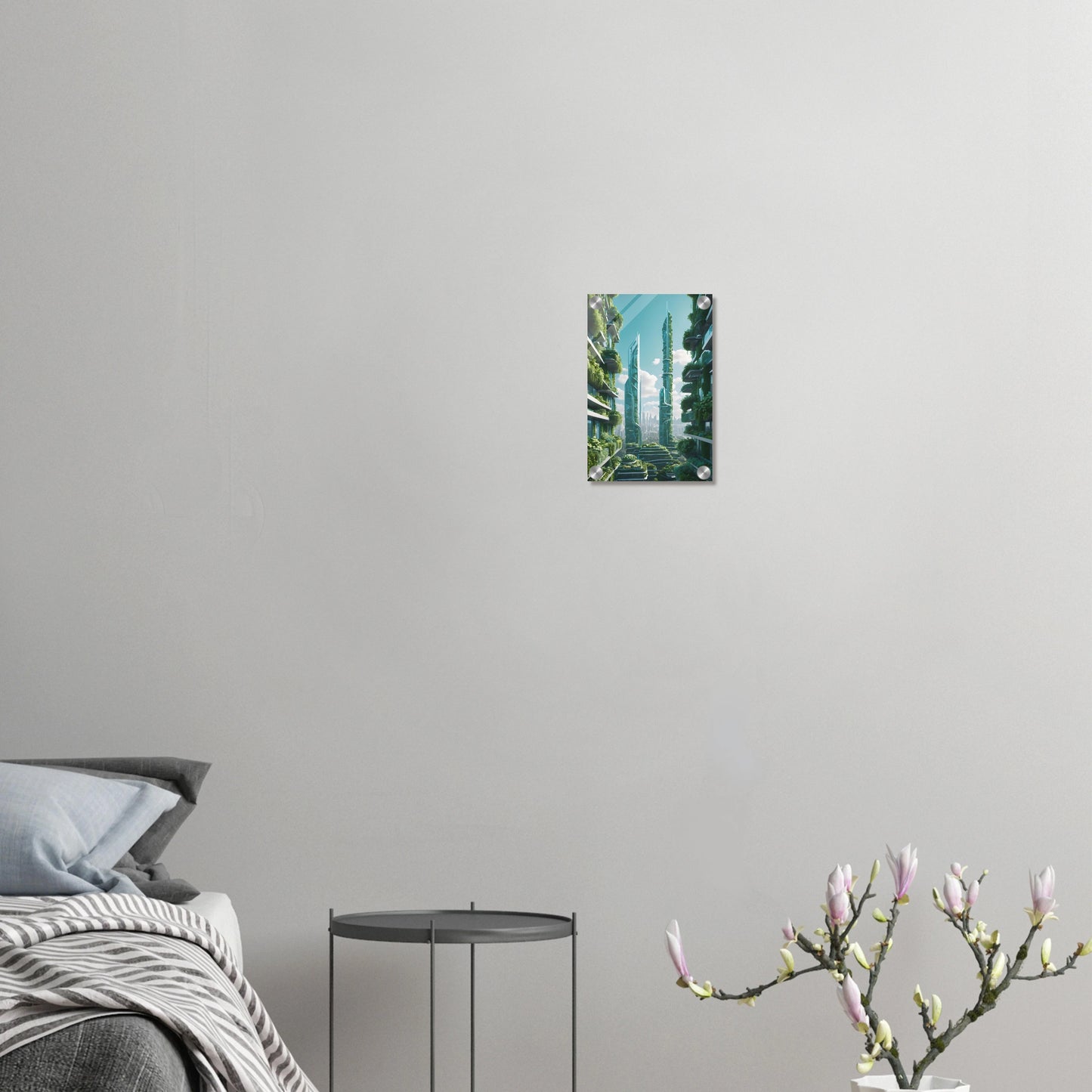 Digitales Kunstwerk einer futuristischen Stadt mit extrem hohen, schlanken Wolkenkratzern, die über und über mit grünen Pflanzen bewachsen sind. 20x30 cm. Acryl