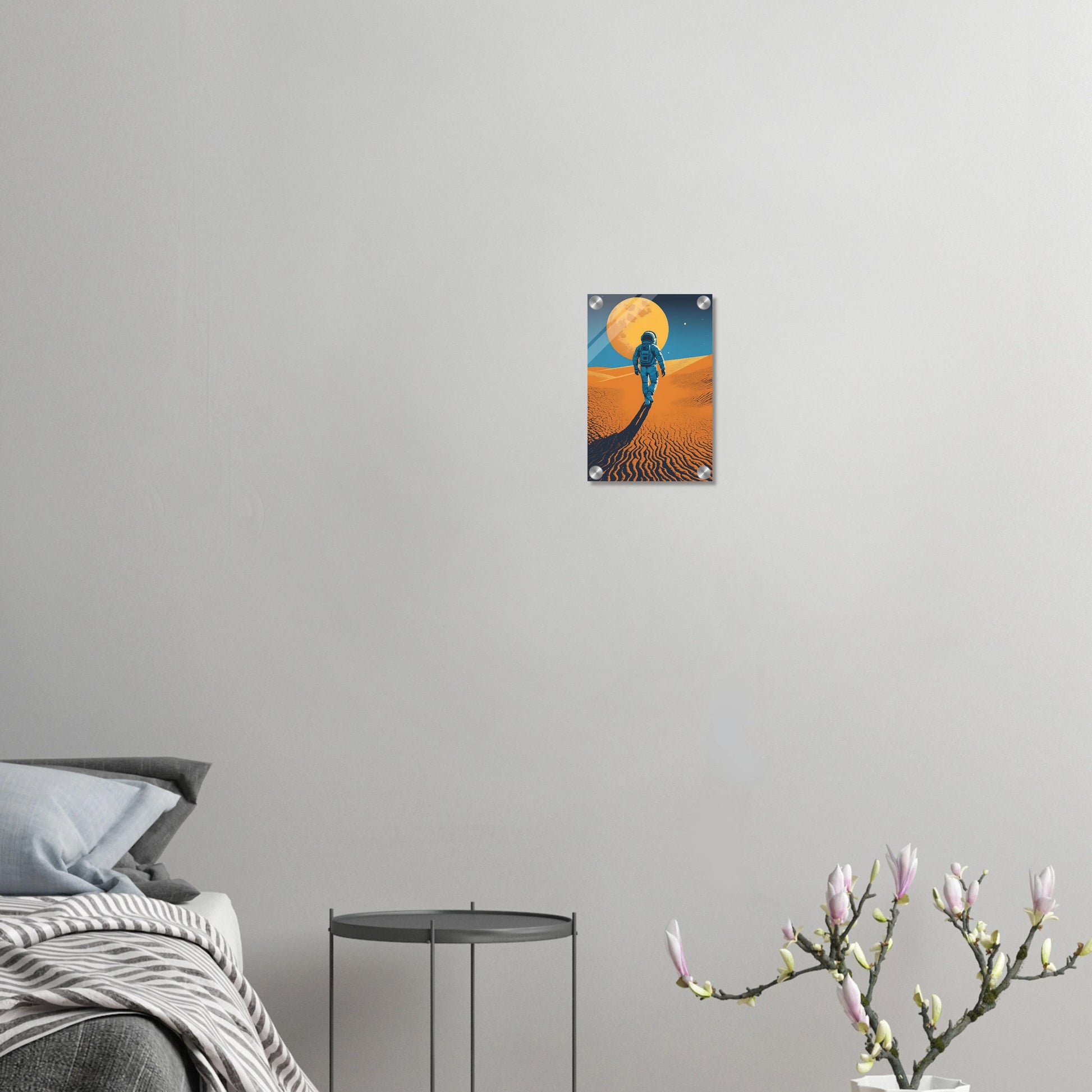 Illustration eines Astronauten, der bei Nacht durch eine orangefarbene Wüstenlandschaft unter einem großen Vollmond wandert. 20x30 cm. Acryl