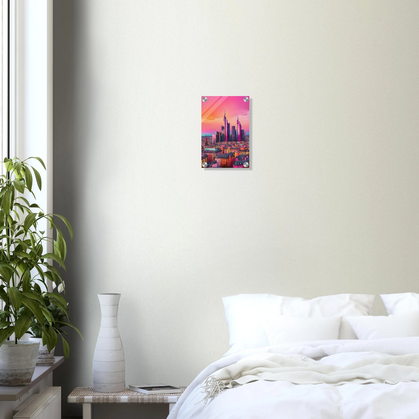 Buntes Wandbild der Frankfurter Skyline in intensiven Pink- und Violetttönen im modernen Pop-Art-Illustrationsstil. 20x30 cm. Acryl