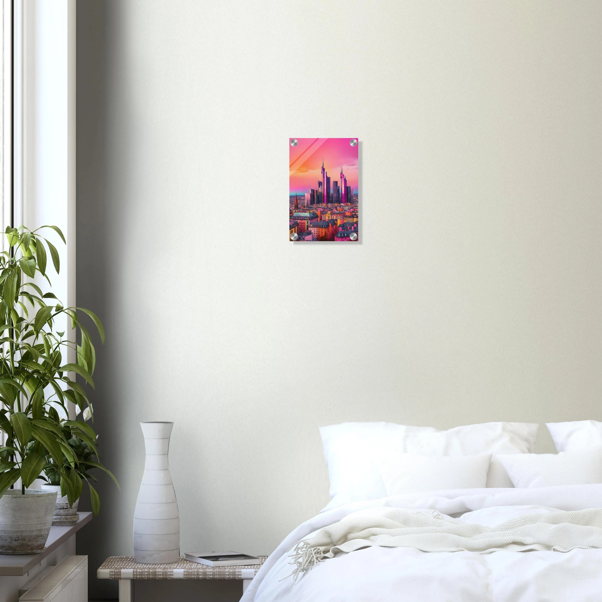 Buntes Wandbild der Frankfurter Skyline in intensiven Pink- und Violetttönen im modernen Pop-Art-Illustrationsstil. 20x30 cm. Acryl