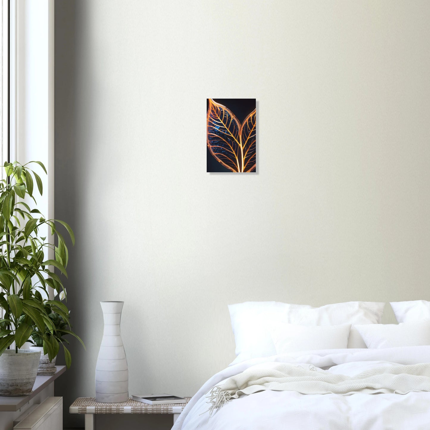 Modernes Wandbild mit zwei goldenen, gläsernen Blättern in Makroaufnahme auf dunklem Hintergrund, Format 20x30 cm. Dibond