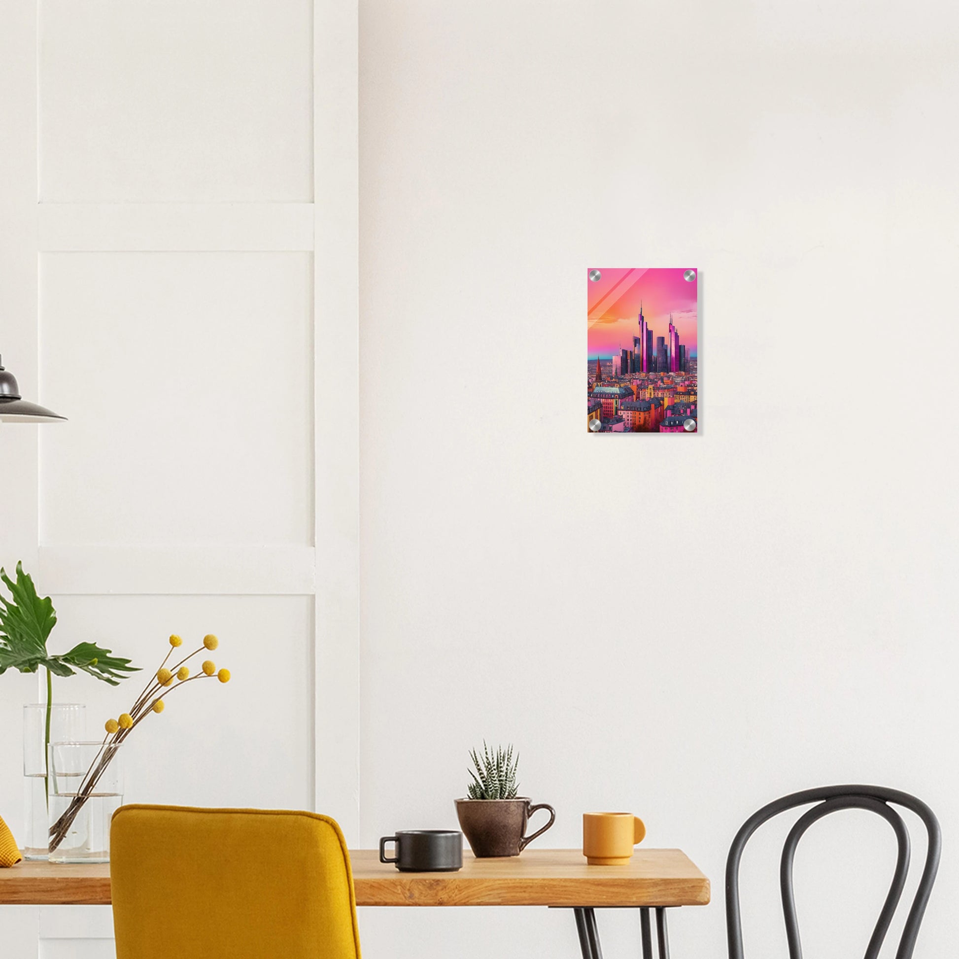 Buntes Wandbild der Frankfurter Skyline in intensiven Pink- und Violetttönen im modernen Pop-Art-Illustrationsstil. 20x30 cm. Acryl