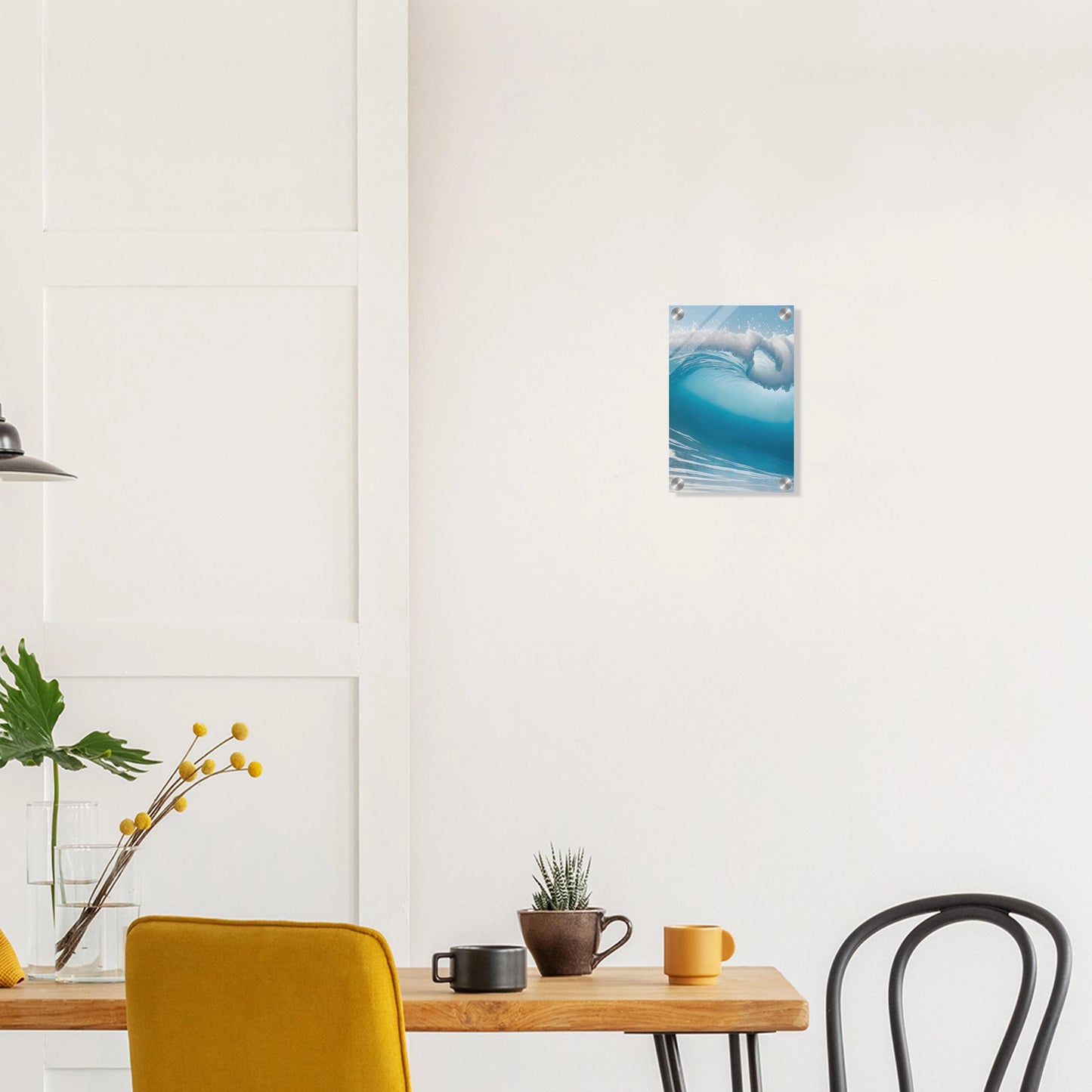 Abstraktes Wandbild einer brechenden Meereswelle in Türkis und Blau mit weißer Gischt. 20x30 cm. Acryl