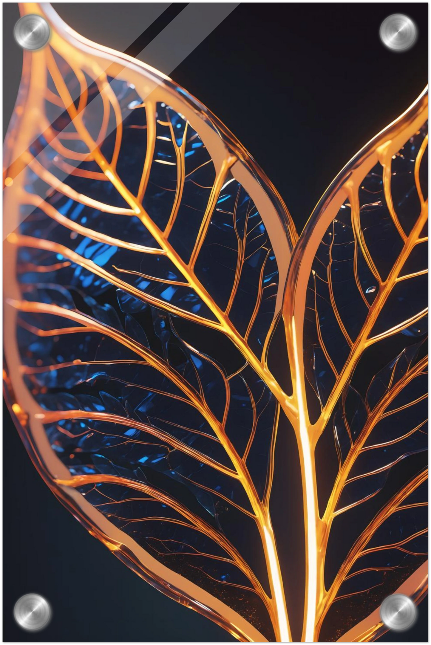 Modernes Wandbild mit zwei goldenen, gläsernen Blättern in Makroaufnahme auf dunklem Hintergrund, Format 20x30 cm. Acryl