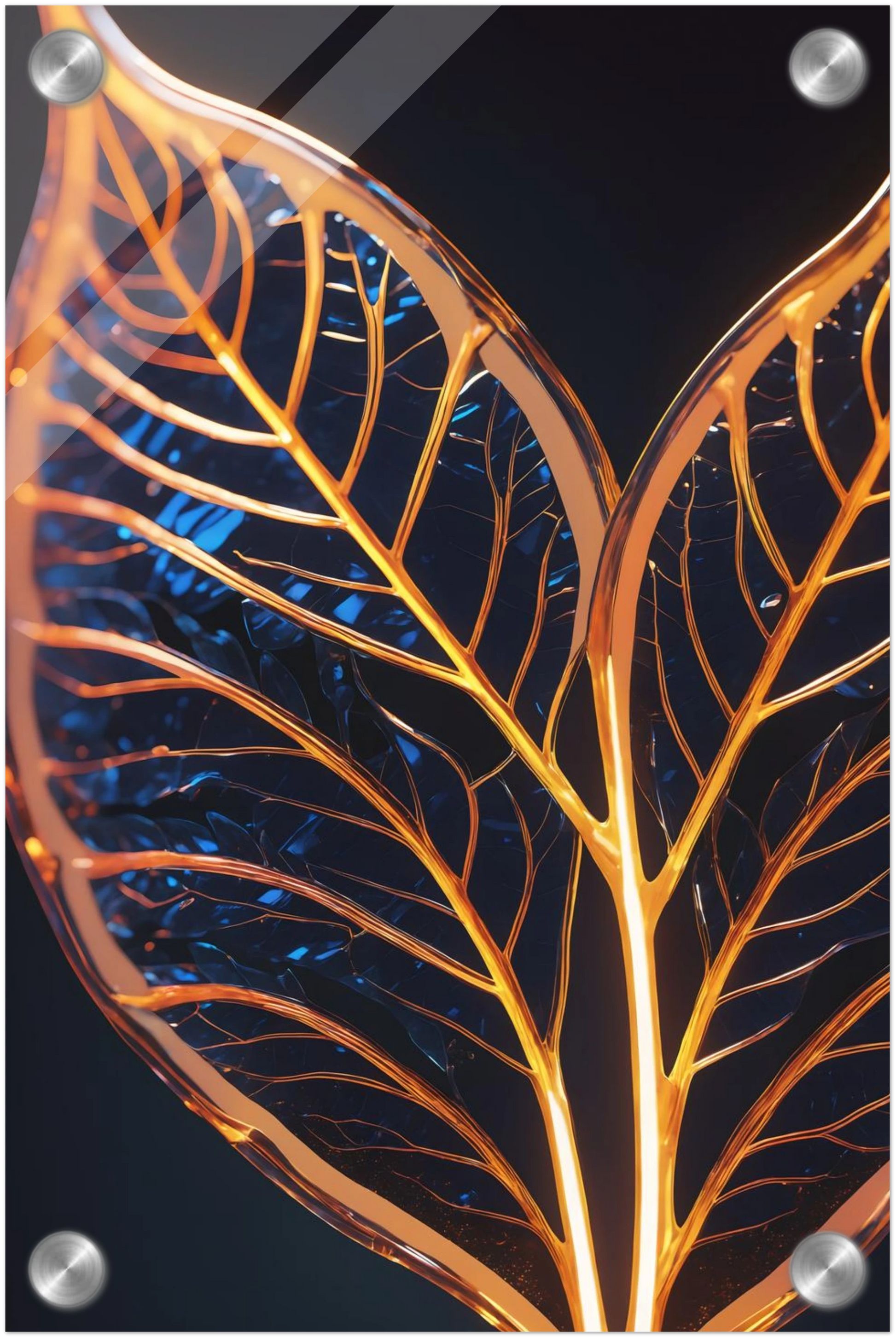 Modernes Wandbild mit zwei goldenen, gläsernen Blättern in Makroaufnahme auf dunklem Hintergrund, Format 20x30 cm. Acryl