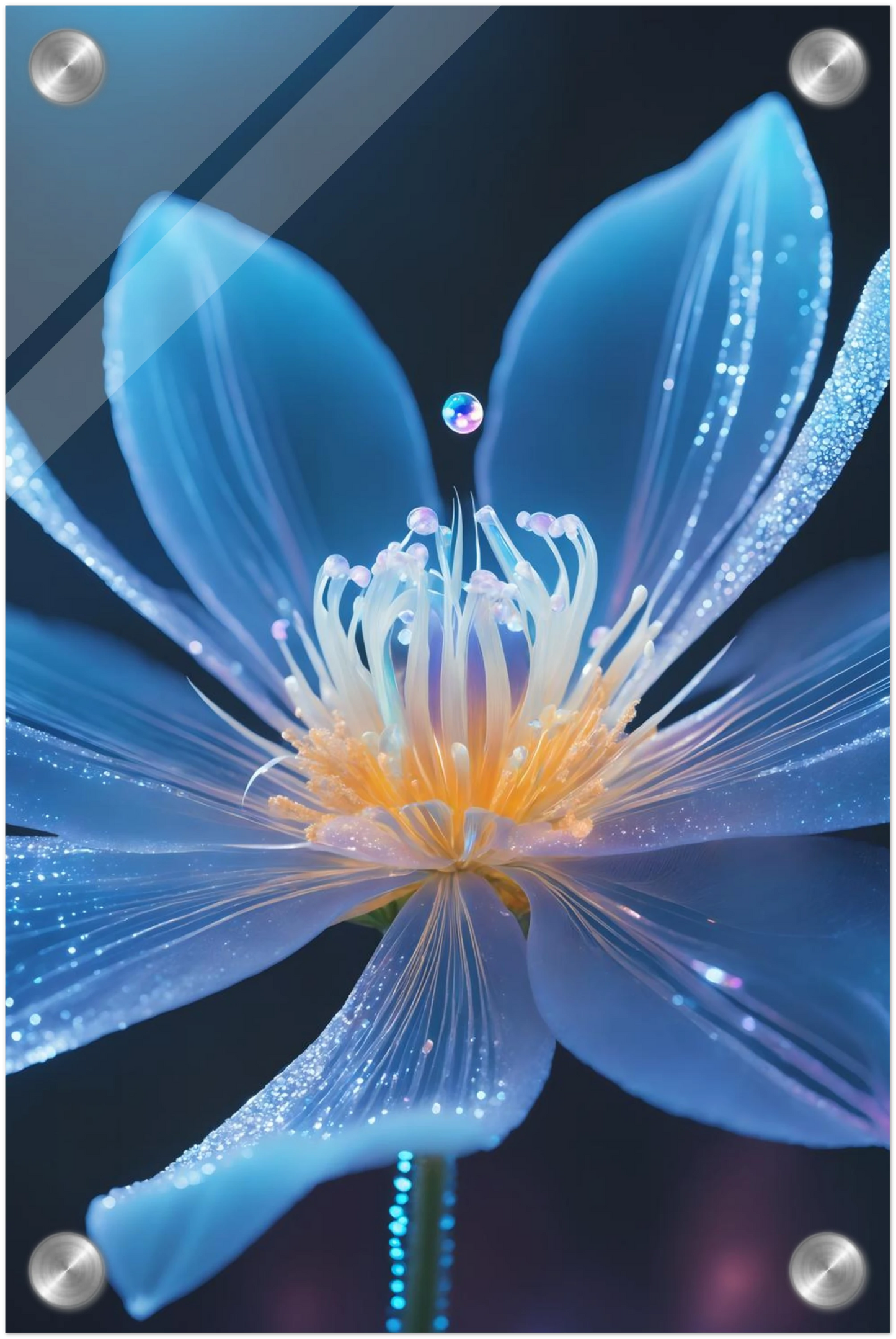 Digitales Wandbild einer blau leuchtenden Blüte mit goldenem Kern und schimmernden Lichtpartikeln auf dunklem Grund. 20x30 cm. Acryl