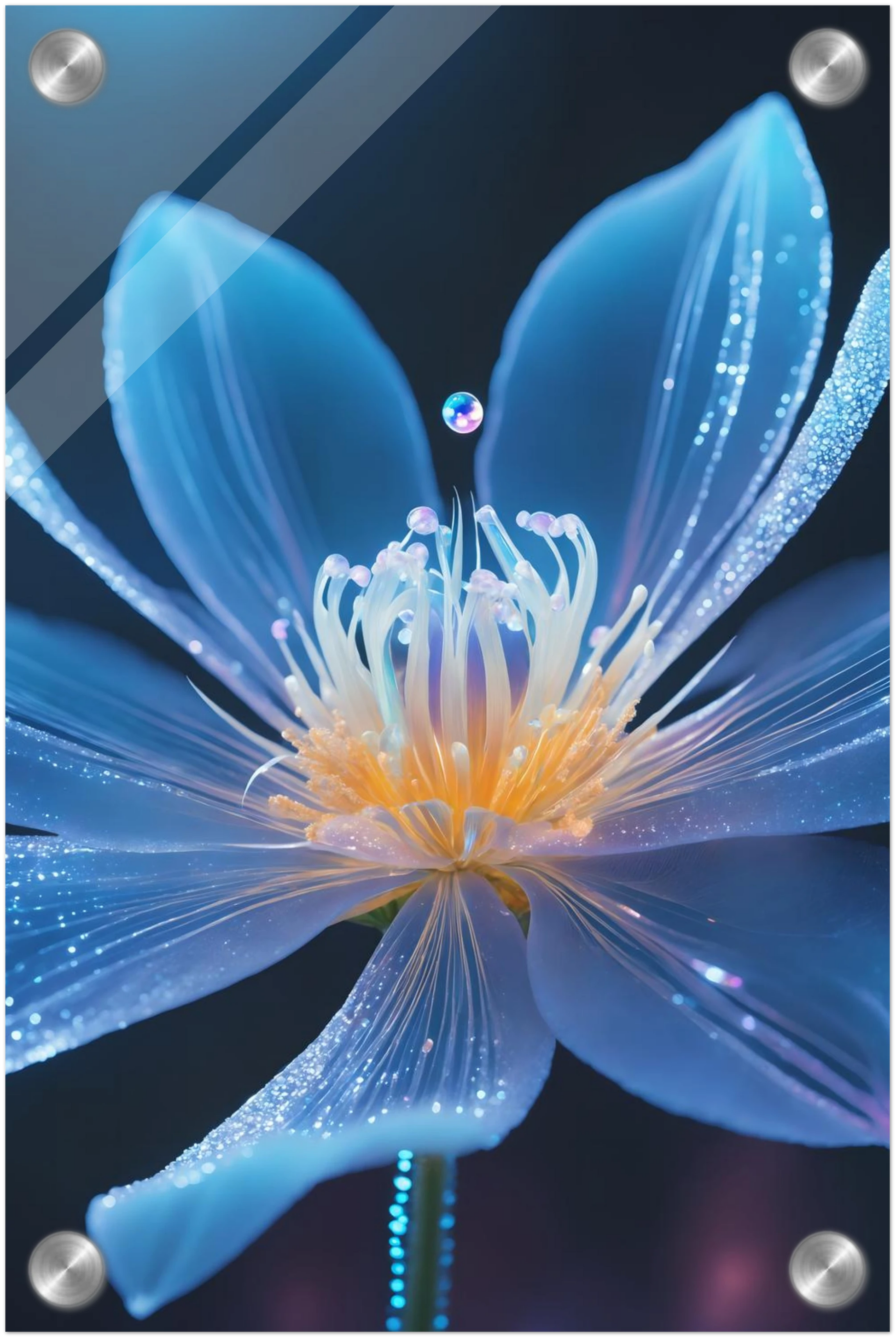 Digitales Wandbild einer blau leuchtenden Blüte mit goldenem Kern und schimmernden Lichtpartikeln auf dunklem Grund. 20x30 cm. Acryl