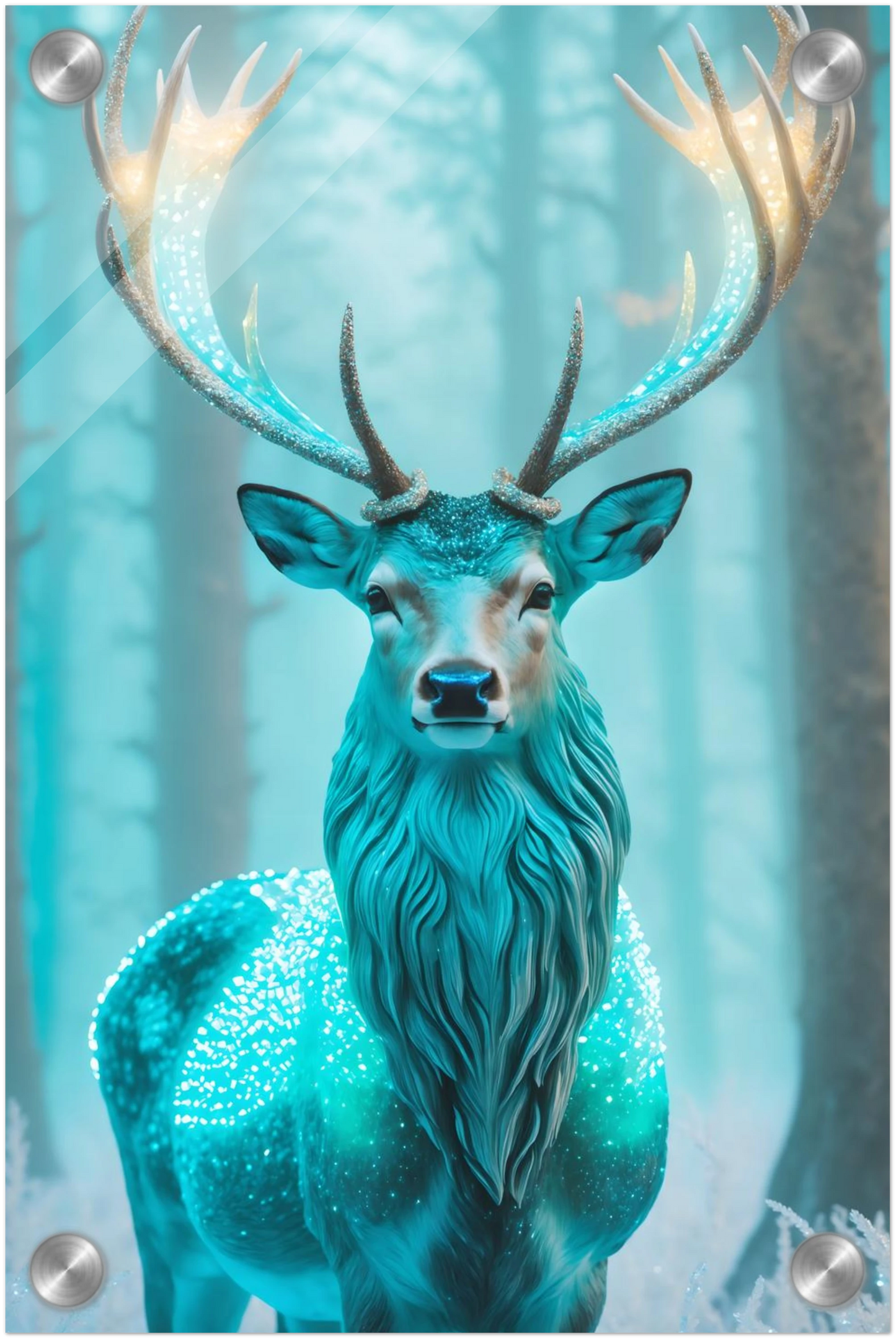 Digitales Kunstwerk eines Hirsches mit einem hell leuchtenden, kristallinen Geweih in einem nebligen blauen Winterwald. 20x30 cm. Acryl