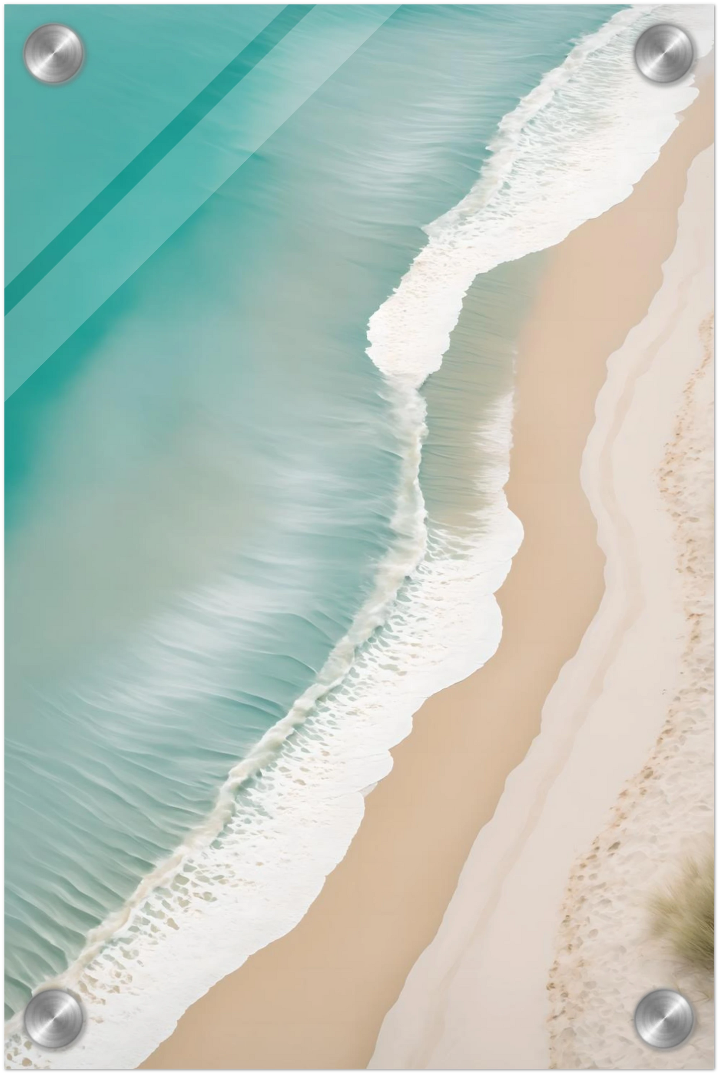 Traumhaftes Strand-Wandbild: Türkisfarbenes Meer und weißer Sand aus der Luftaufnahme. Minimalistisches Küsten-Design für Ihr Zuhause. Jetzt online kaufen! 20x30 cm. Acryl