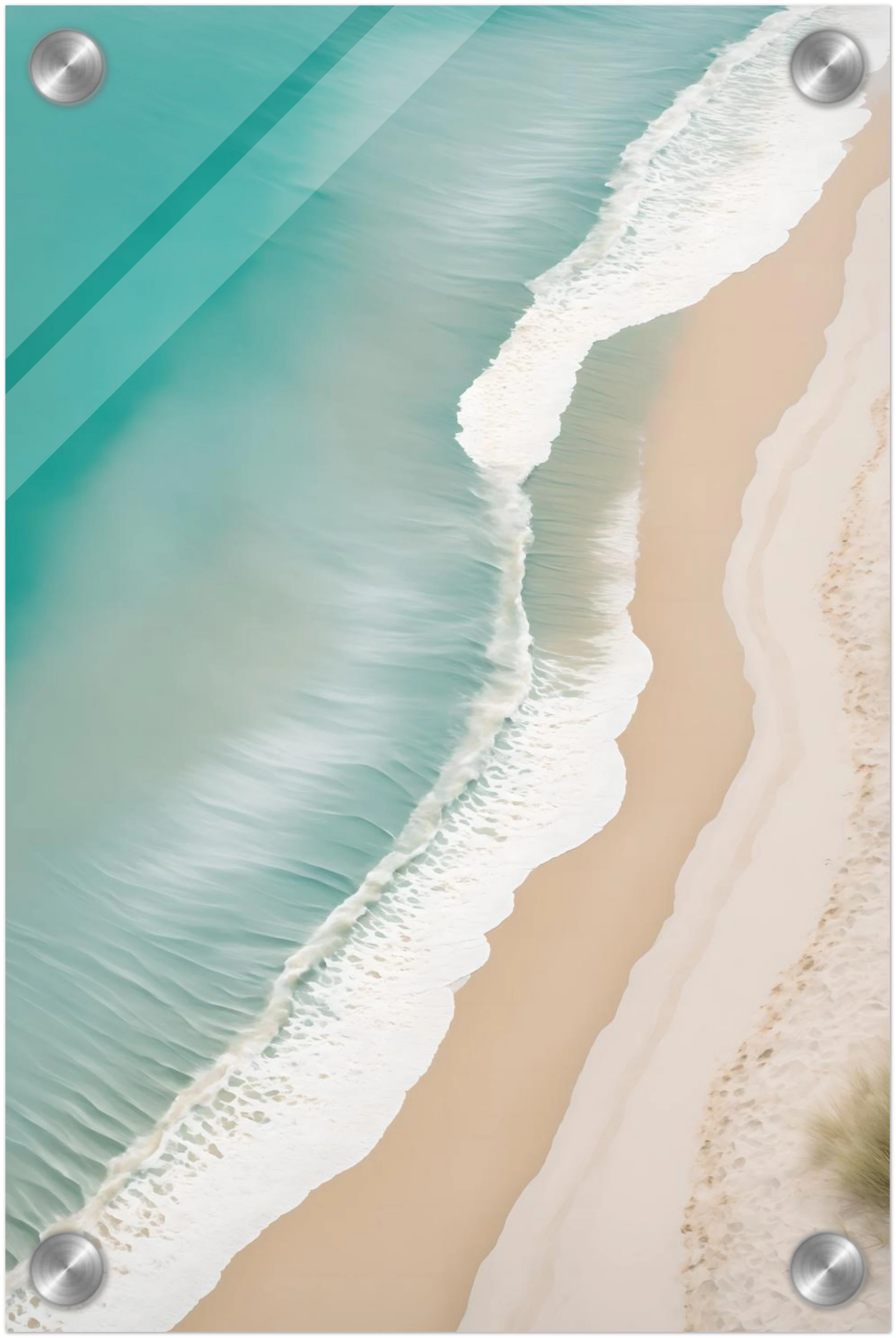 Traumhaftes Strand-Wandbild: Türkisfarbenes Meer und weißer Sand aus der Luftaufnahme. Minimalistisches Küsten-Design für Ihr Zuhause. Jetzt online kaufen! 20x30 cm. Acryl