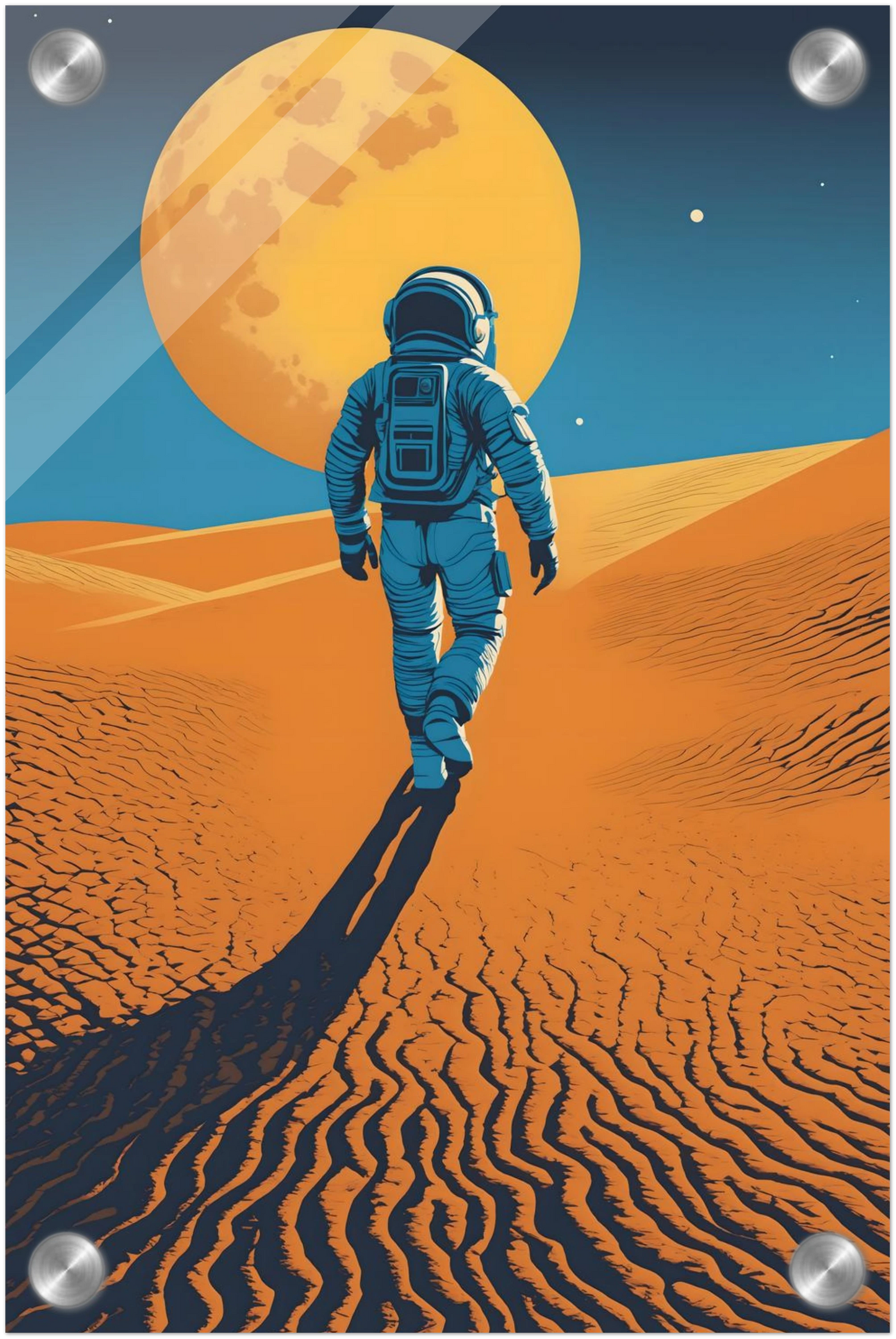 Illustration eines Astronauten, der bei Nacht durch eine orangefarbene Wüstenlandschaft unter einem großen Vollmond wandert. 20x30 cm. Acryl