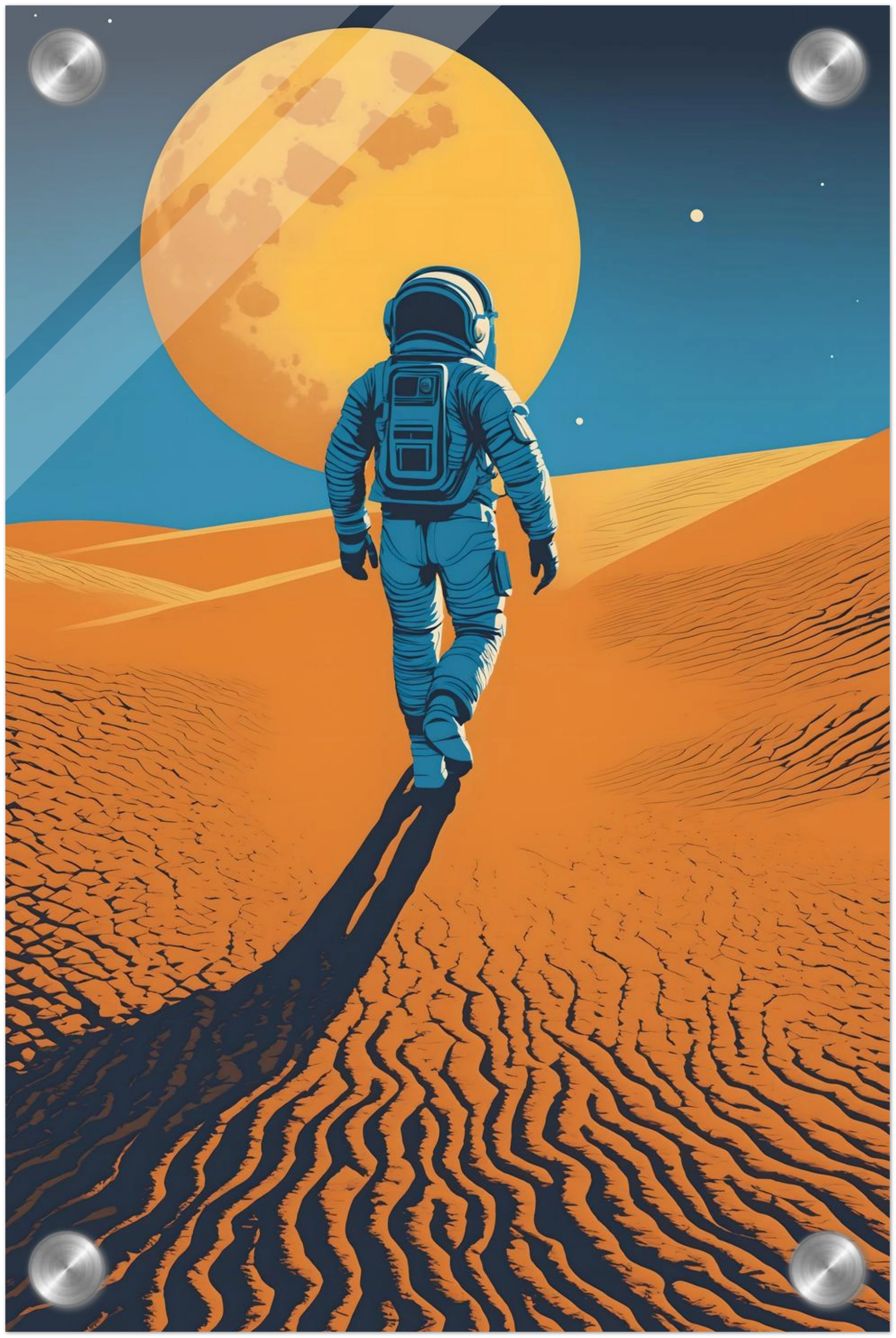 Illustration eines Astronauten, der bei Nacht durch eine orangefarbene Wüstenlandschaft unter einem großen Vollmond wandert. 20x30 cm. Acryl