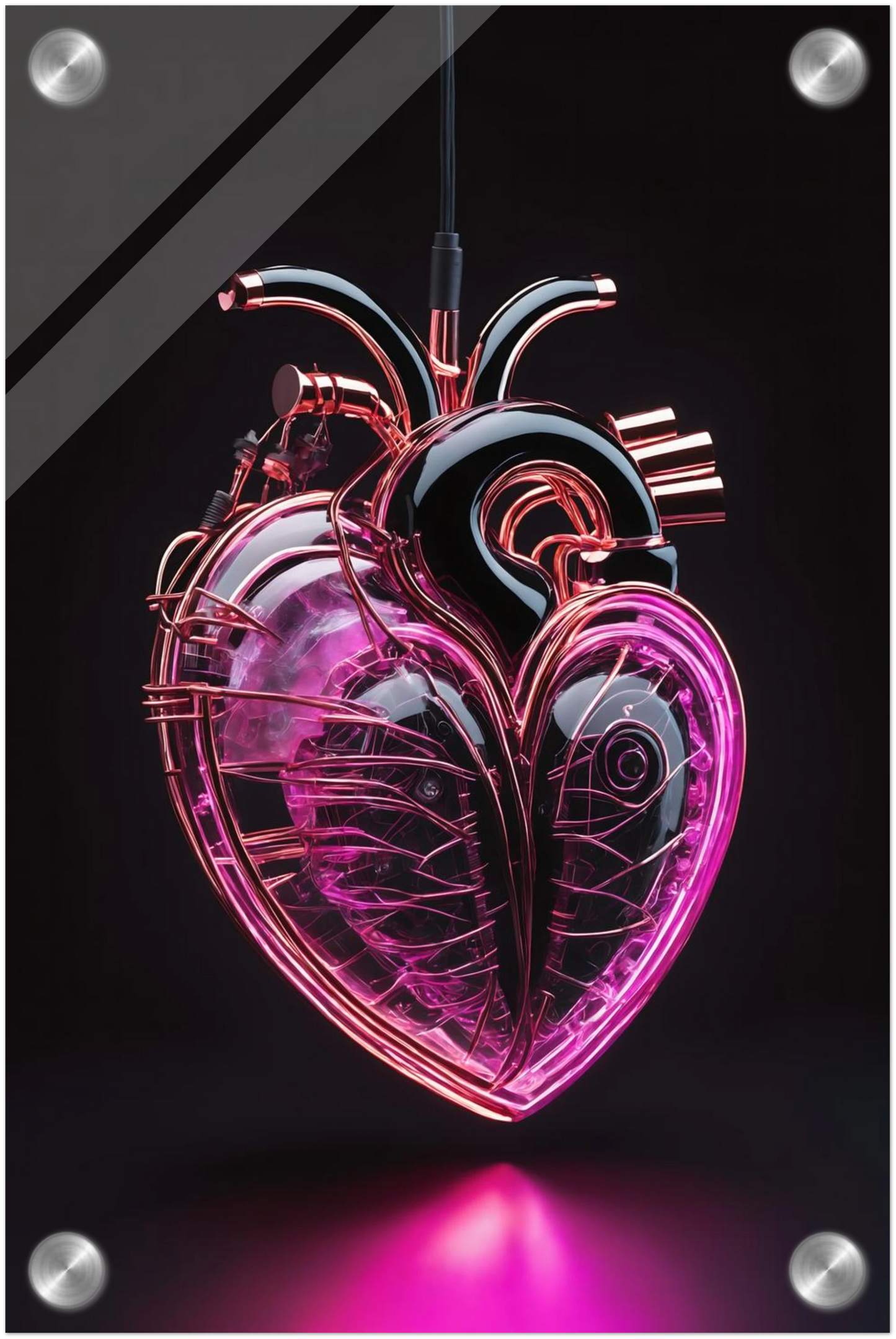 Digitales Kunstwerk eines anatomischen Herzens mit leuchtend pinken Neon-Strukturen und glänzenden schwarzen Oberflächen auf dunklem Grund. 20x30 cm. Acryl