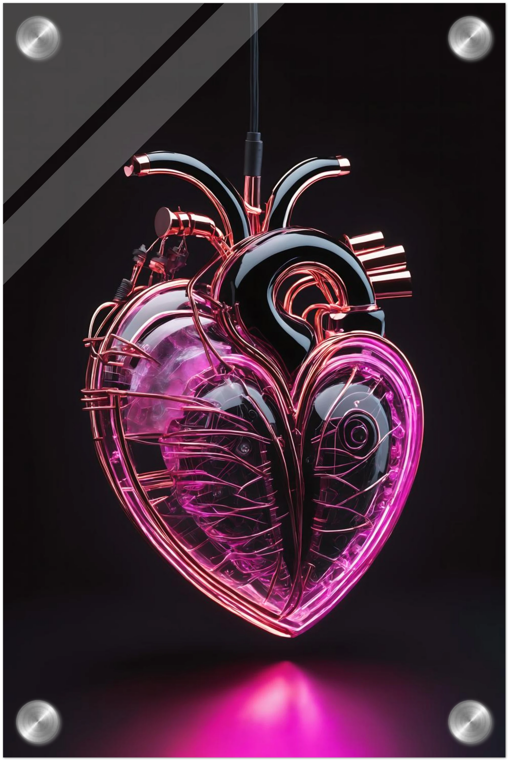 Digitales Kunstwerk eines anatomischen Herzens mit leuchtend pinken Neon-Strukturen und glänzenden schwarzen Oberflächen auf dunklem Grund. 20x30 cm. Acryl