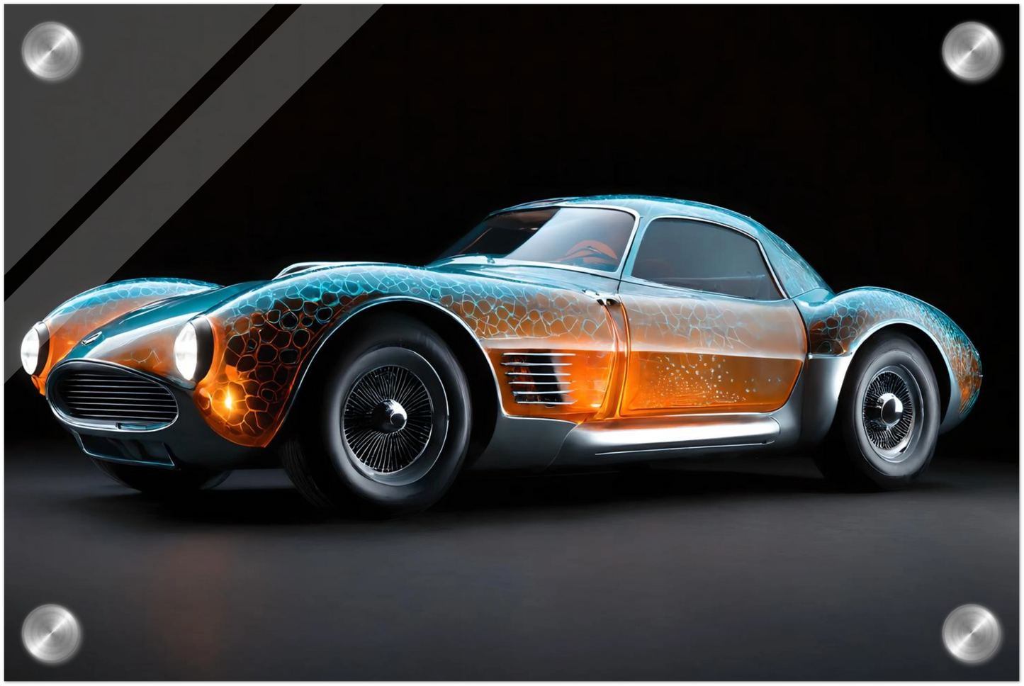 Digitales Kunstwerk eines klassischen Sportwagens mit einer transparenten, bernsteinfarbenen Karosserie und blauen Lichtreflexen. 20x30 cm. Acryl