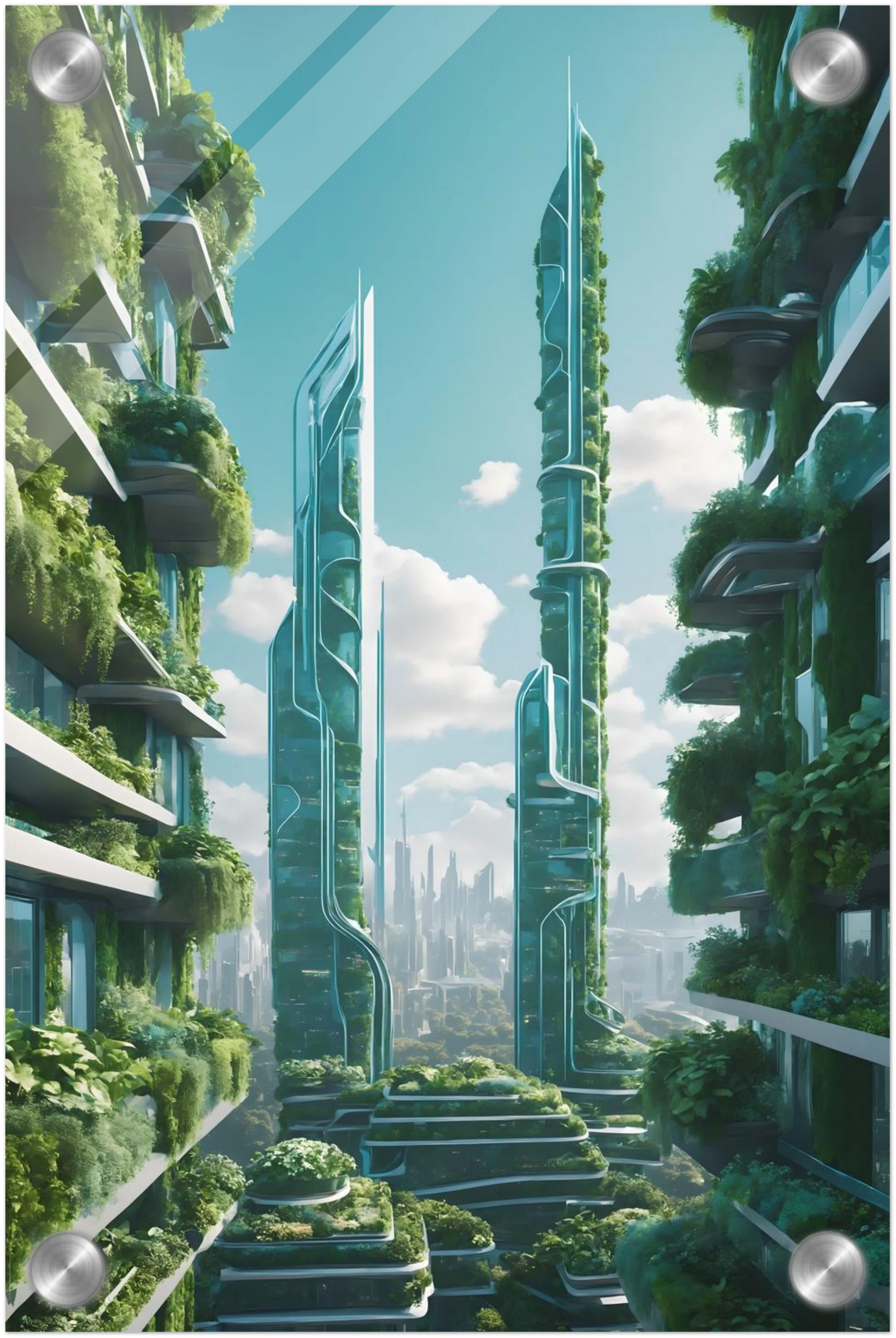 Digitales Kunstwerk einer futuristischen Stadt mit extrem hohen, schlanken Wolkenkratzern, die über und über mit grünen Pflanzen bewachsen sind. 20x30 cm. Acryl