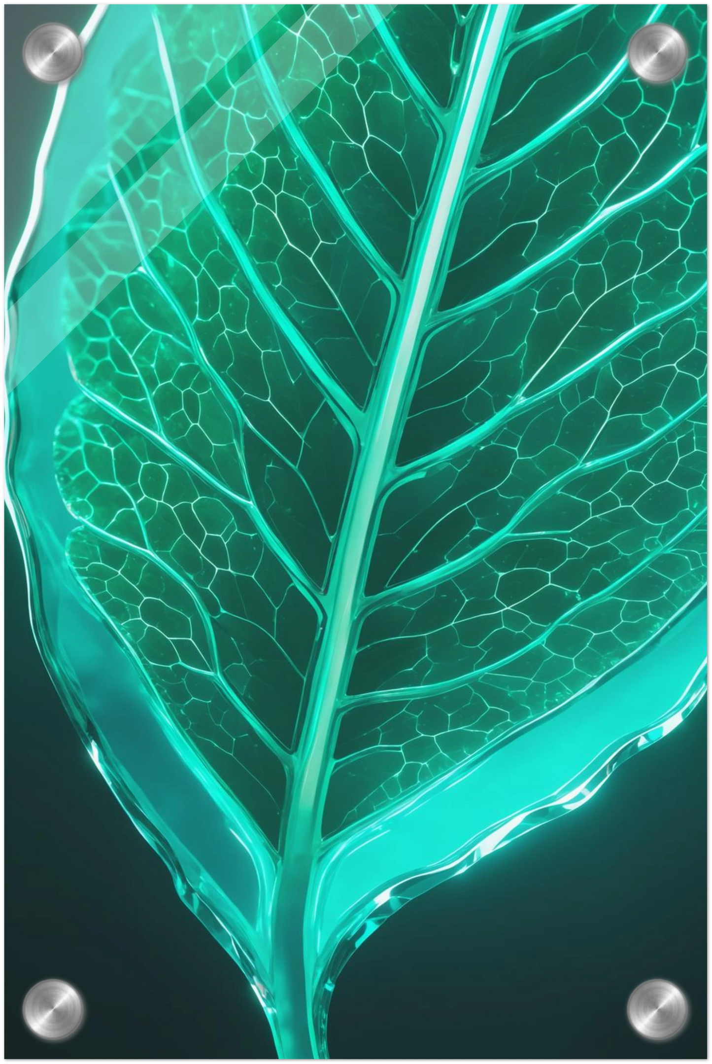 Modernes Wandbild eines leuchtenden, türkisfarbenen Blattes in transparenter Glas-Optik mit sichtbaren Blattadern. 20x30 cm. Acryl