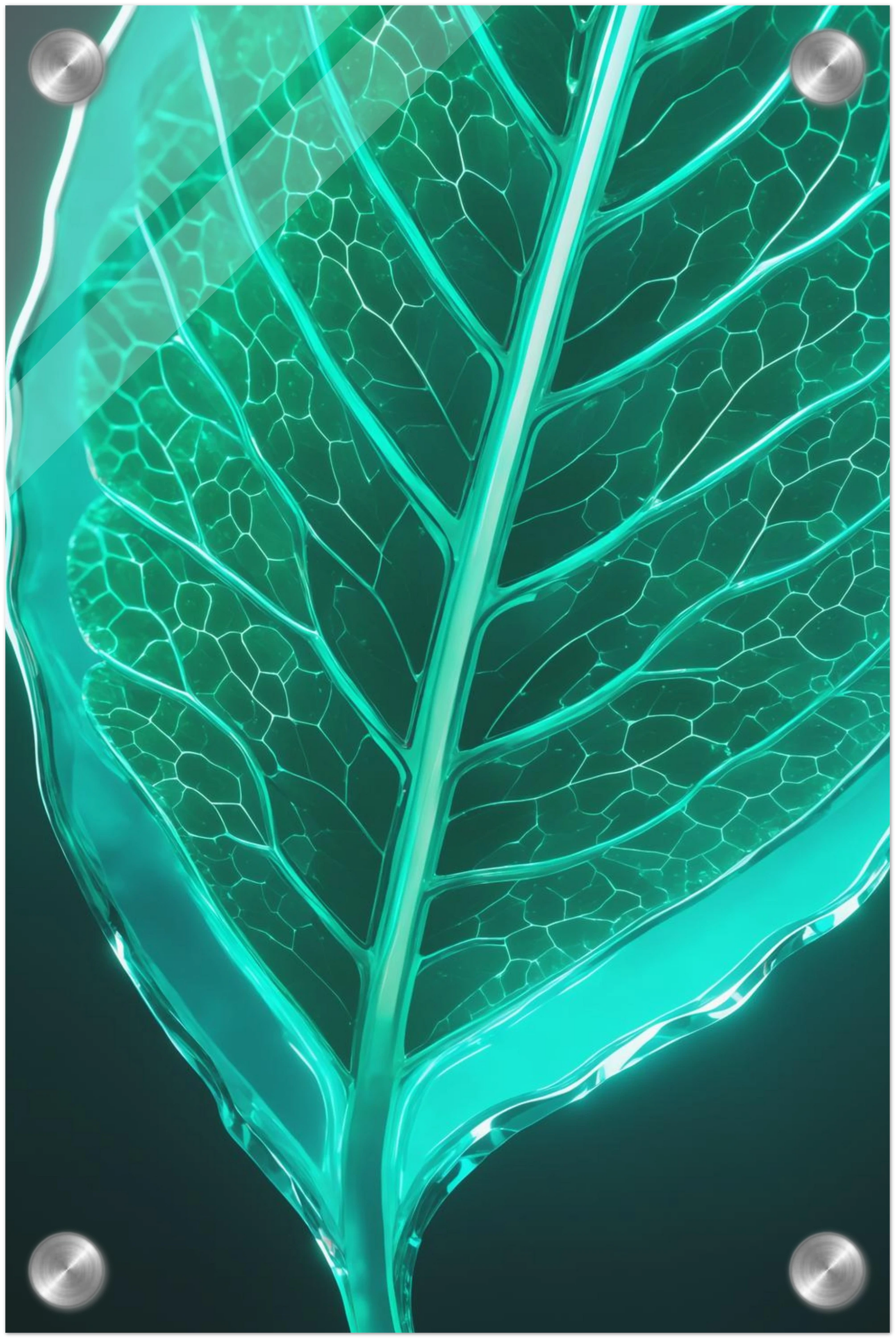 Modernes Wandbild eines leuchtenden, türkisfarbenen Blattes in transparenter Glas-Optik mit sichtbaren Blattadern. 20x30 cm. Acryl