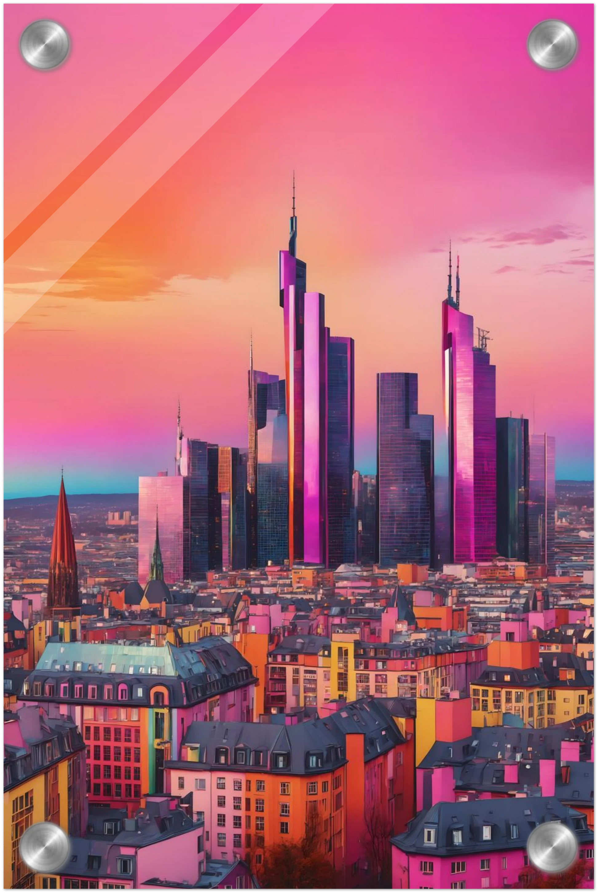 Buntes Wandbild der Frankfurter Skyline in intensiven Pink- und Violetttönen im modernen Pop-Art-Illustrationsstil. 20x30 cm. Acryl