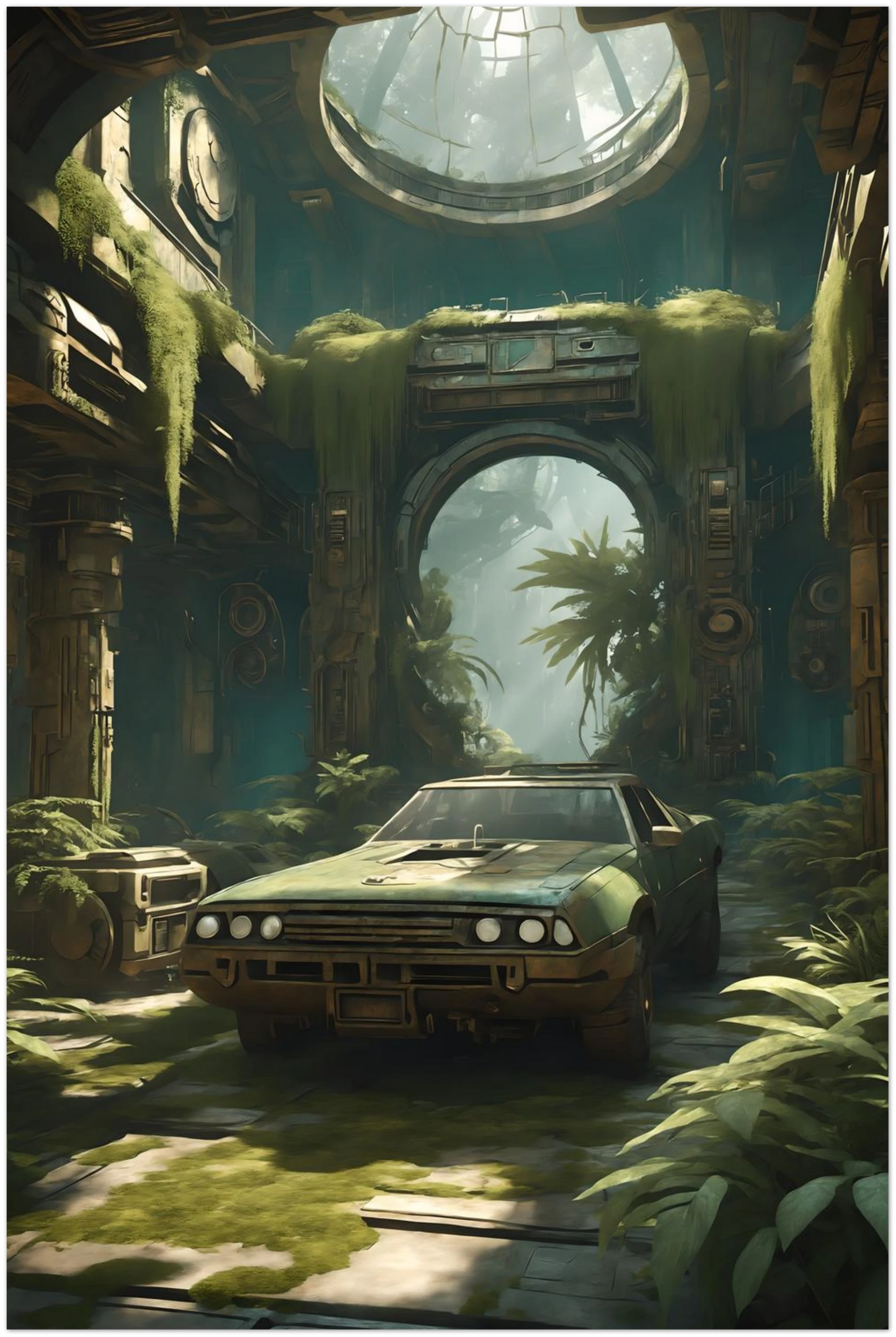 Digitales Kunstwerk eines alten, grünen Autos in einer großen, von Pflanzen und Moos bewachsenen Tempel-Ruine mit Lichteinfall von oben. 20x30 cm. Dibond