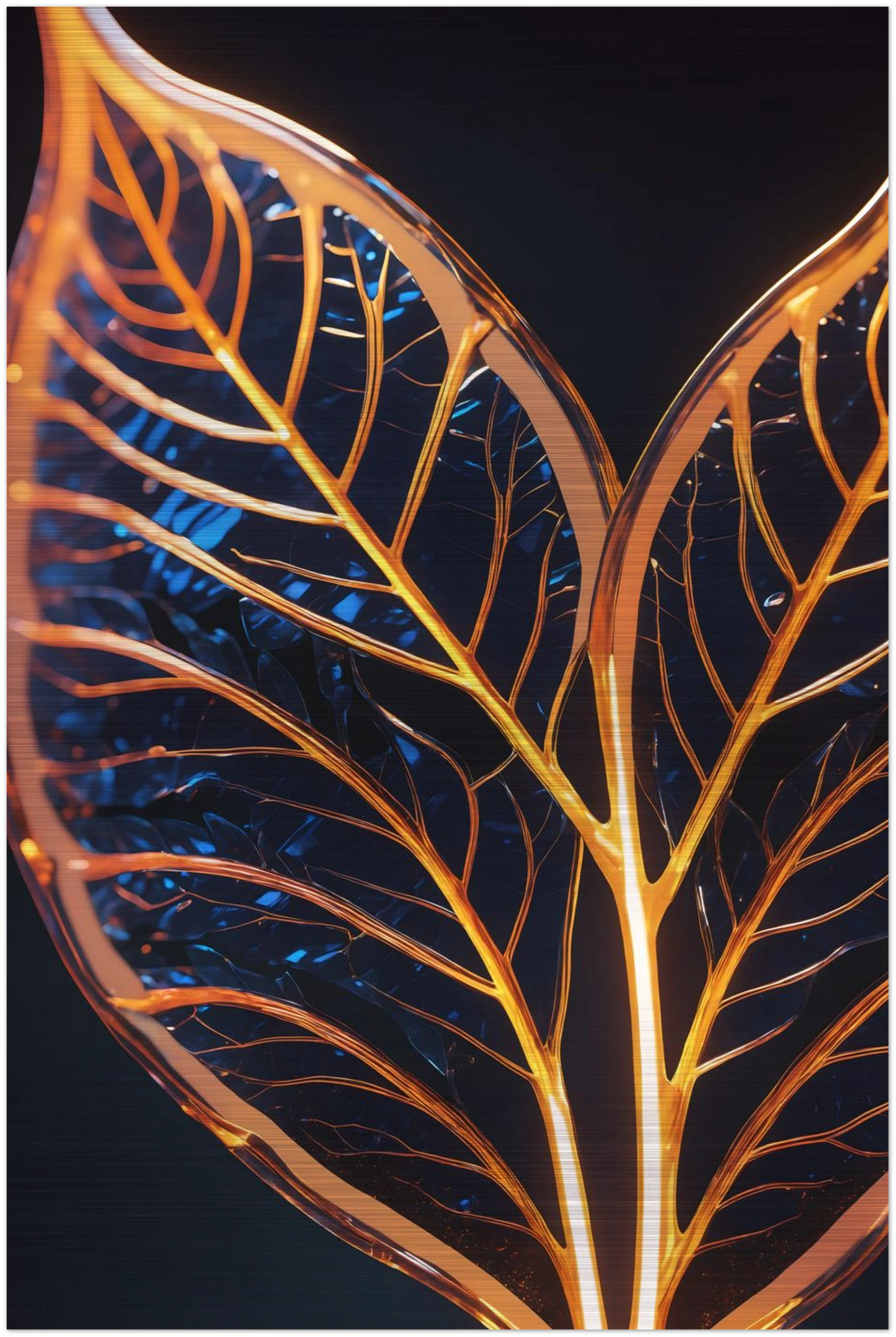 Modernes Wandbild mit zwei goldenen, gläsernen Blättern in Makroaufnahme auf dunklem Hintergrund, Format 20x30 cm. Brushed