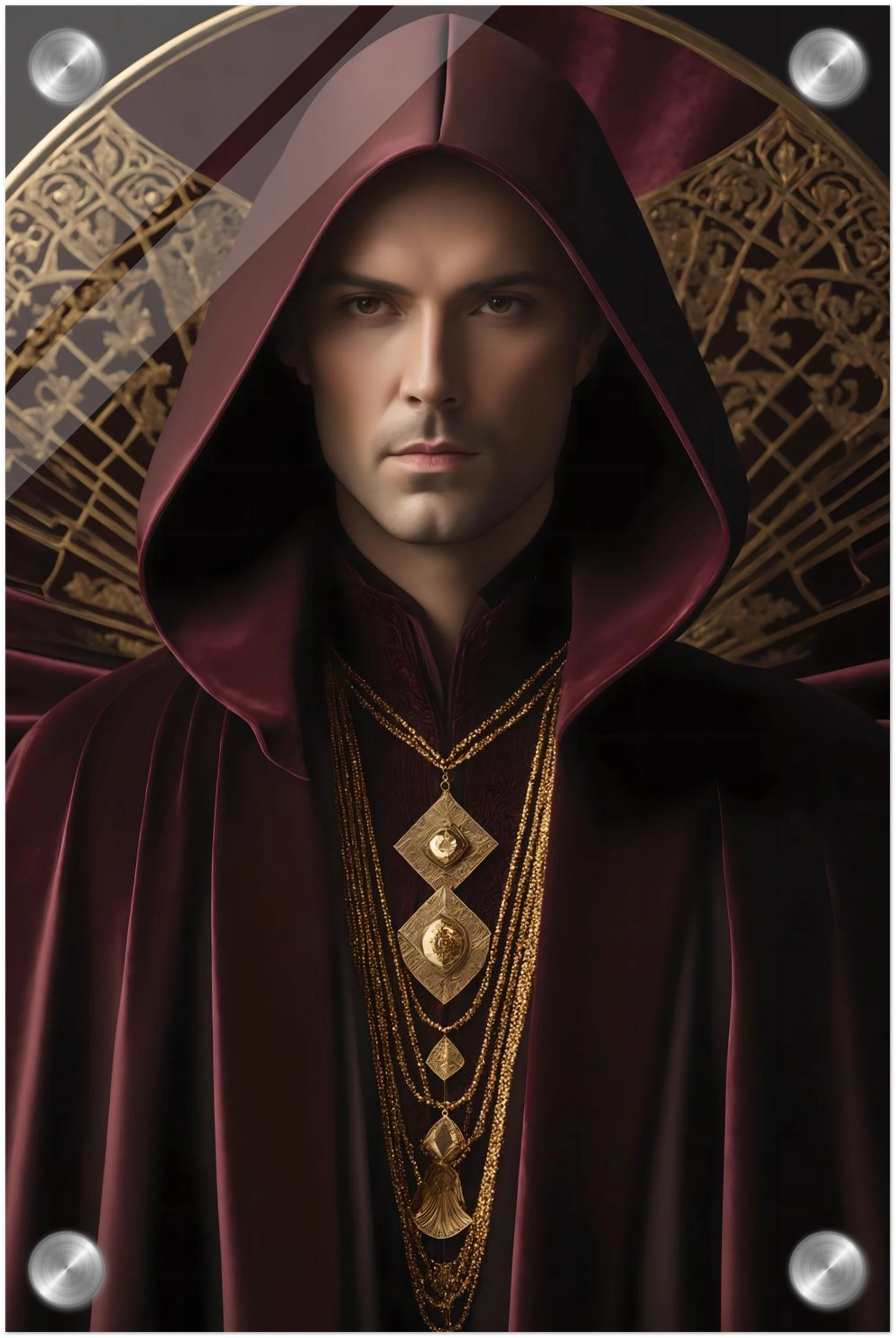 Digitales Kunstwerk einer männlichen Gestalt mit purpurner Kapuze, goldenen Ketten und kunstvollem Hintergrund. 20x30 cm. Acryl