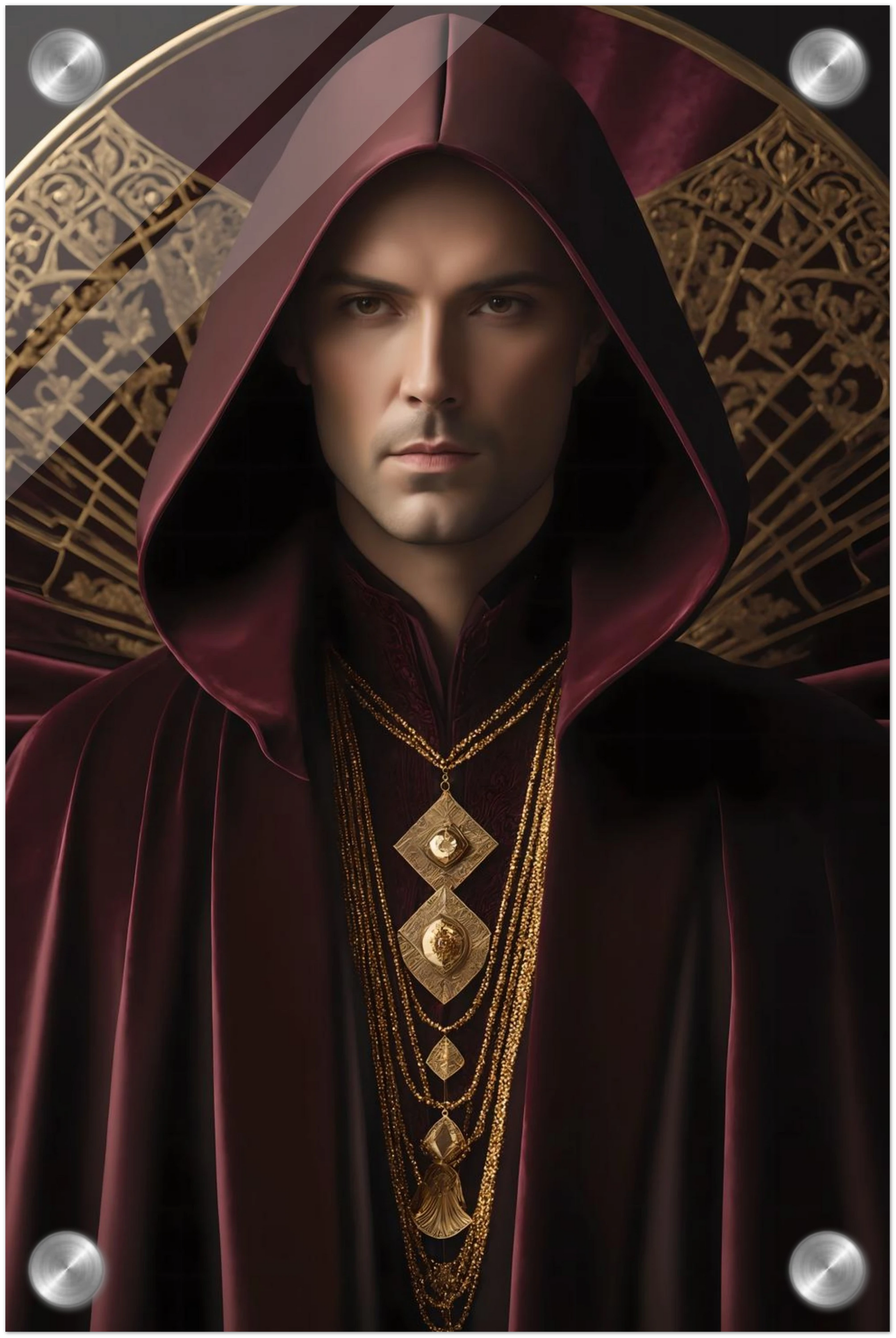 Digitales Kunstwerk einer männlichen Gestalt mit purpurner Kapuze, goldenen Ketten und kunstvollem Hintergrund. 20x30 cm. Acryl