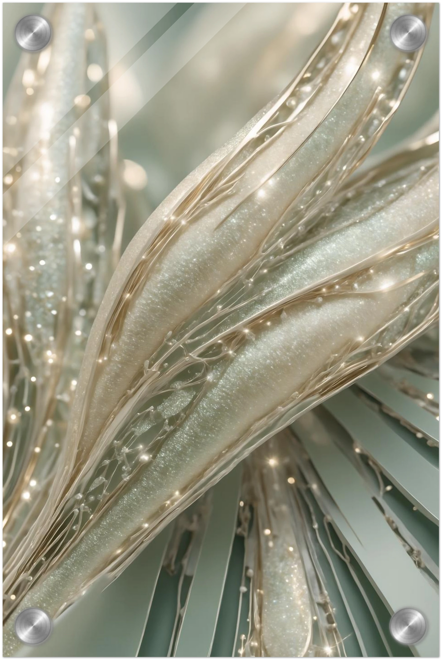 Abstraktes Kunstwerk mit organischen, cremefarbenen Strukturen, glitzernden Kristalldetails und weißen Perlen. 20x30 cm. Acryl