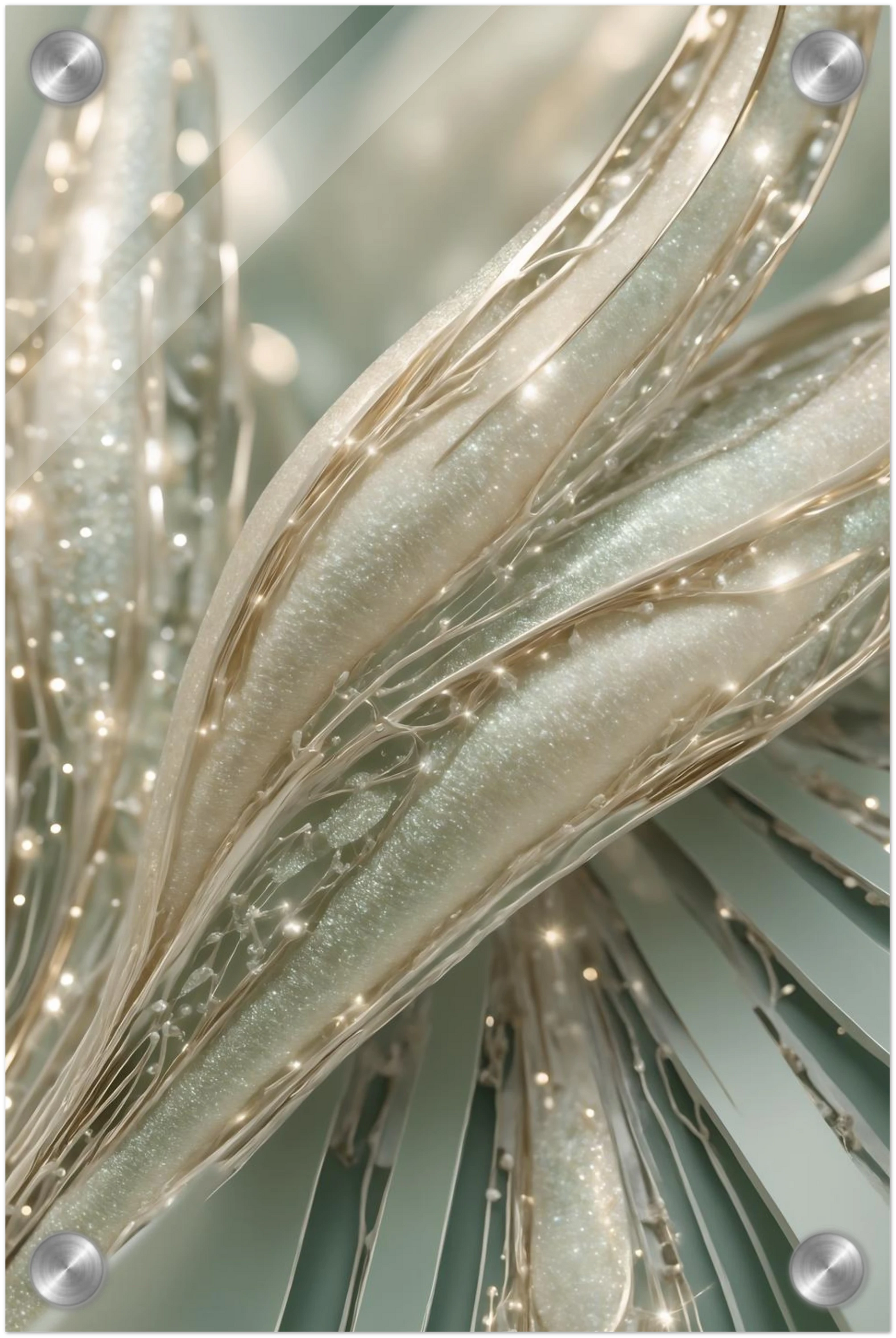 Abstraktes Kunstwerk mit organischen, cremefarbenen Strukturen, glitzernden Kristalldetails und weißen Perlen. 20x30 cm. Acryl