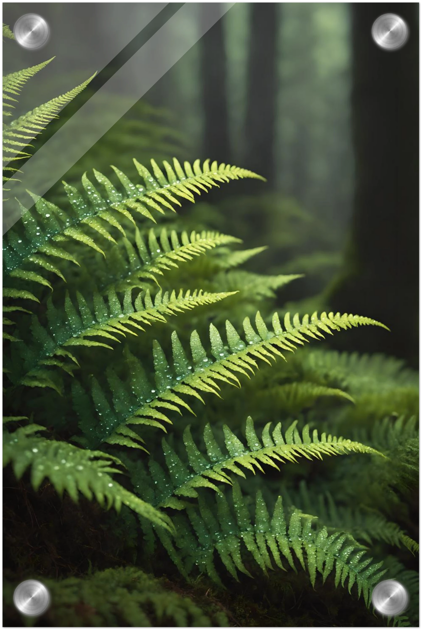 Nahaufnahme von grünen Farnwedeln mit Tautropfen in einem dichten, nebligen Wald mit weichem Hintergrund. 20x30 cm. Acryl