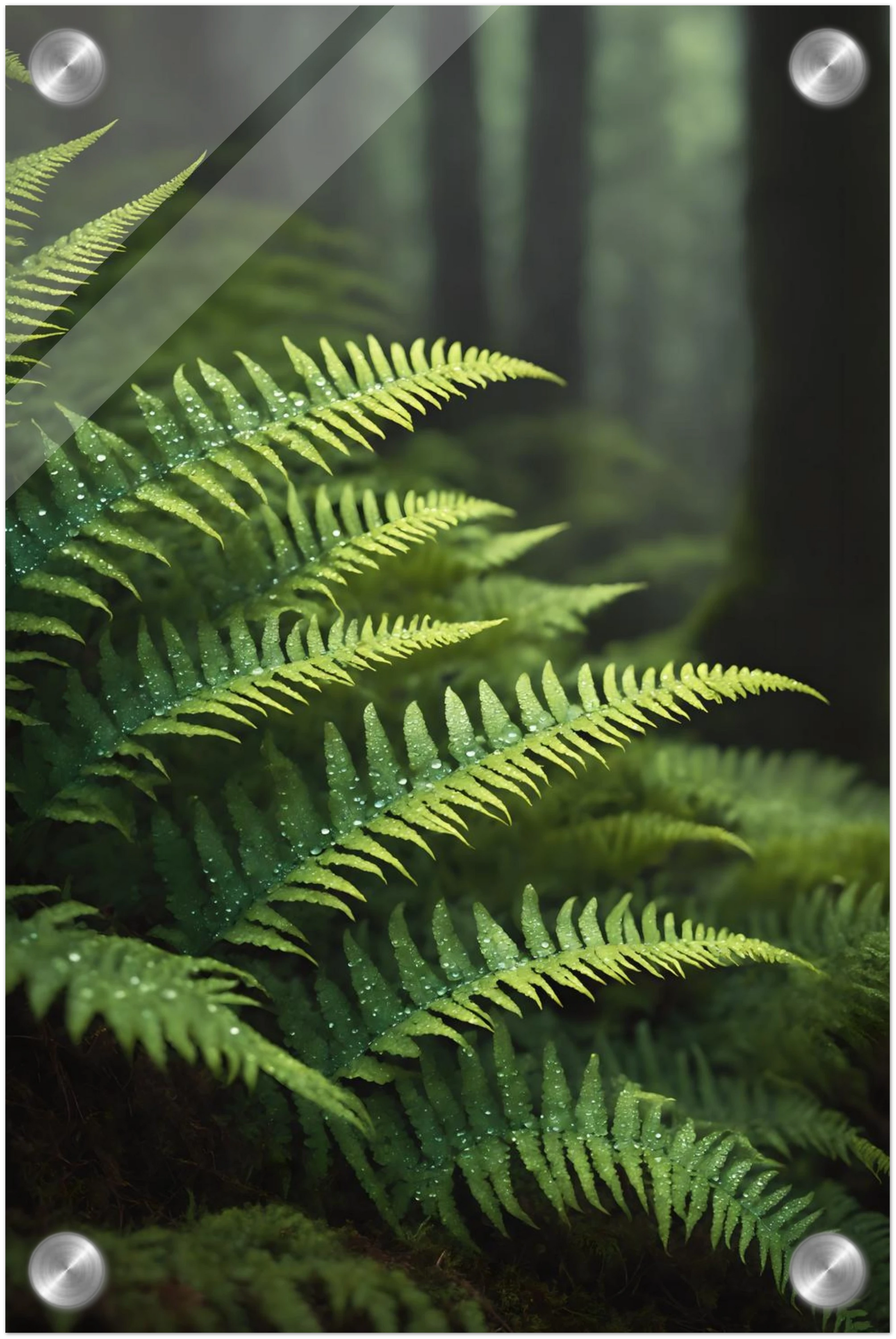 Nahaufnahme von grünen Farnwedeln mit Tautropfen in einem dichten, nebligen Wald mit weichem Hintergrund. 20x30 cm. Acryl