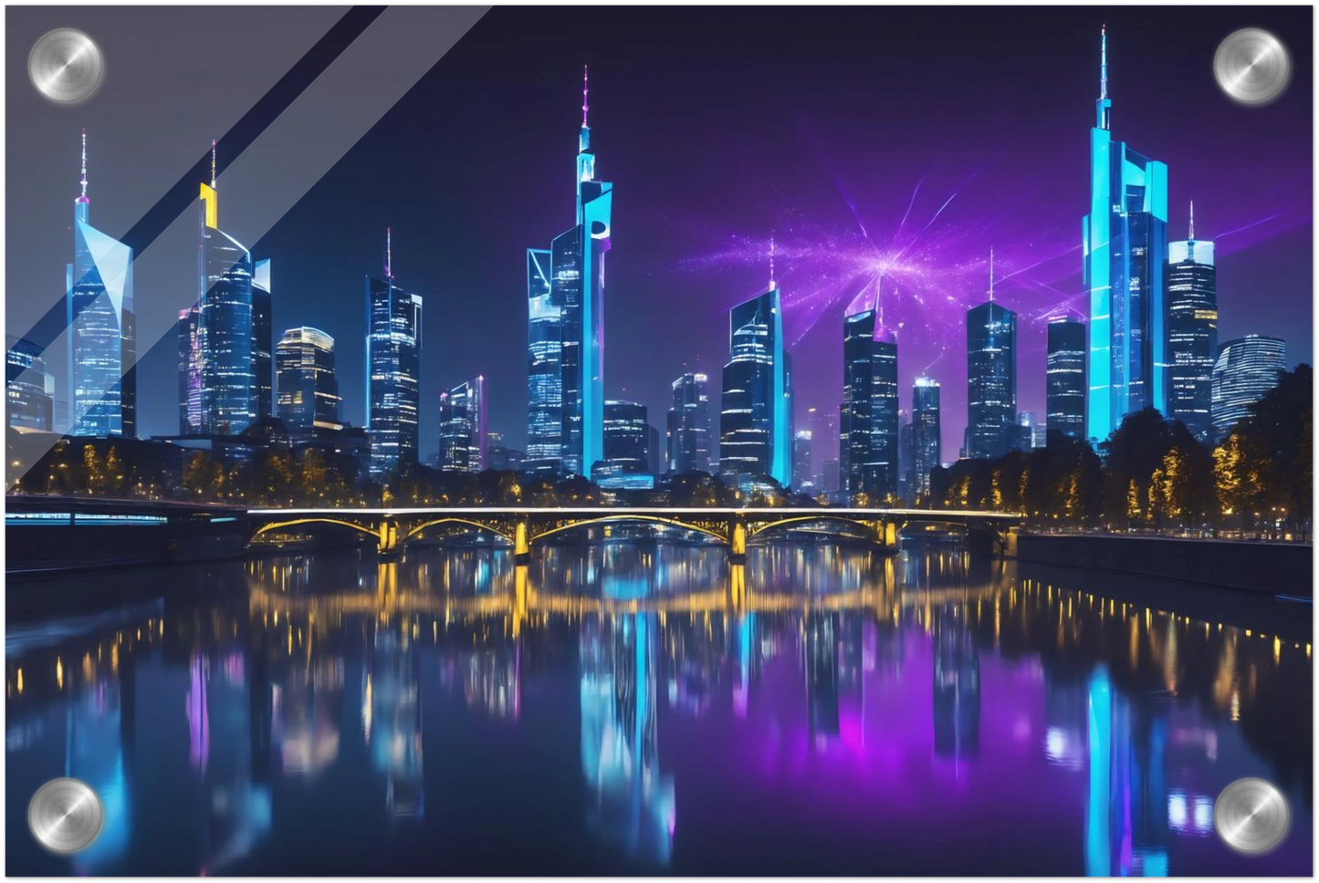 Modernes Wandbild der Frankfurter Skyline bei Nacht mit beleuchteten Wolkenkratzern und violetten Lichteffekten am Himmel. 20x30 cm. Acryl