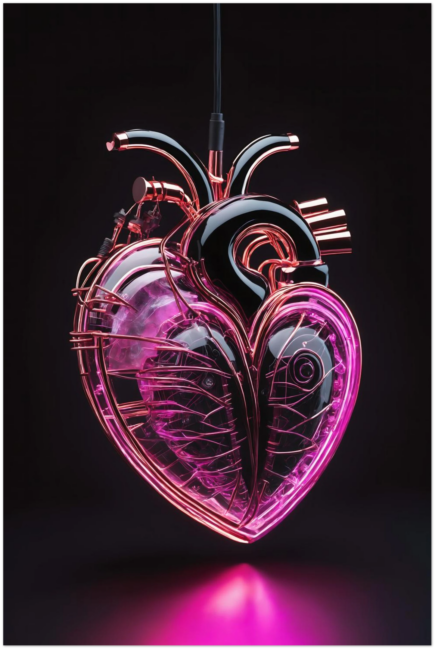 Digitales Kunstwerk eines anatomischen Herzens mit leuchtend pinken Neon-Strukturen und glänzenden schwarzen Oberflächen auf dunklem Grund. 20x30 cm. Dibond