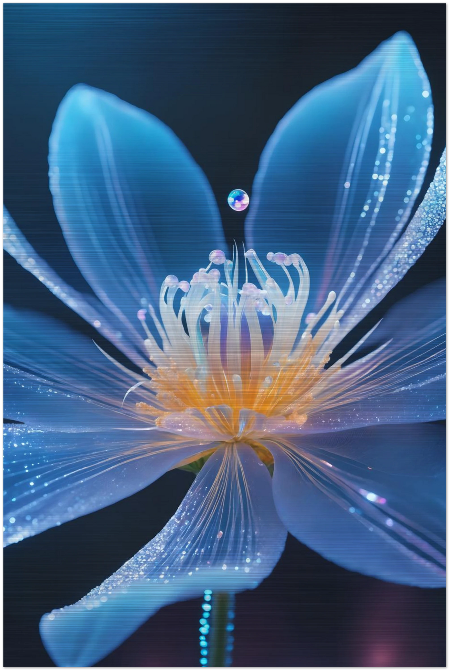 Digitales Wandbild einer blau leuchtenden Blüte mit goldenem Kern und schimmernden Lichtpartikeln auf dunklem Grund. 20x30 cm. Brushed