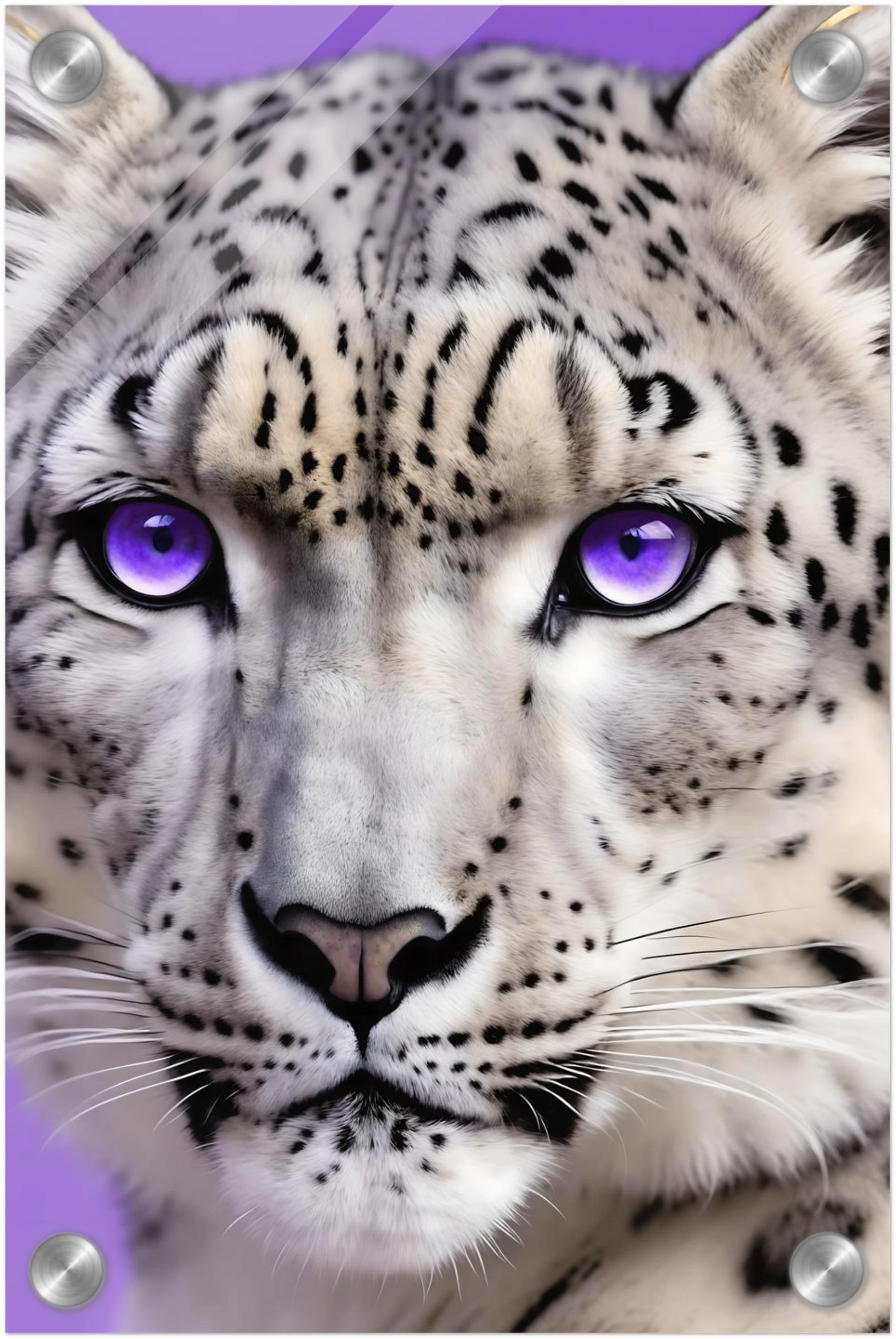 Nahaufnahme eines Schneeleoparden-Gesichts mit auffälligen, leuchtend violetten Augen vor einem hellvioletten Hintergrund. 20x30 cm. Acryl