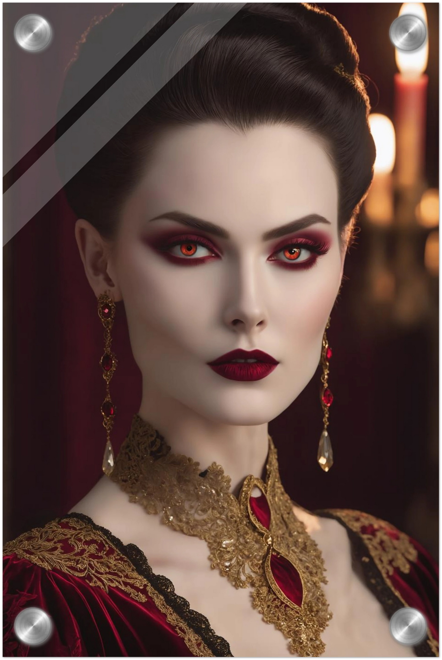 Digitales Porträt einer Frau im Gothic-Stil mit rot leuchtenden Augen, dunklem Haar und opulentem gold-rotem Halsschmuck. 20x30 cm. Acryl