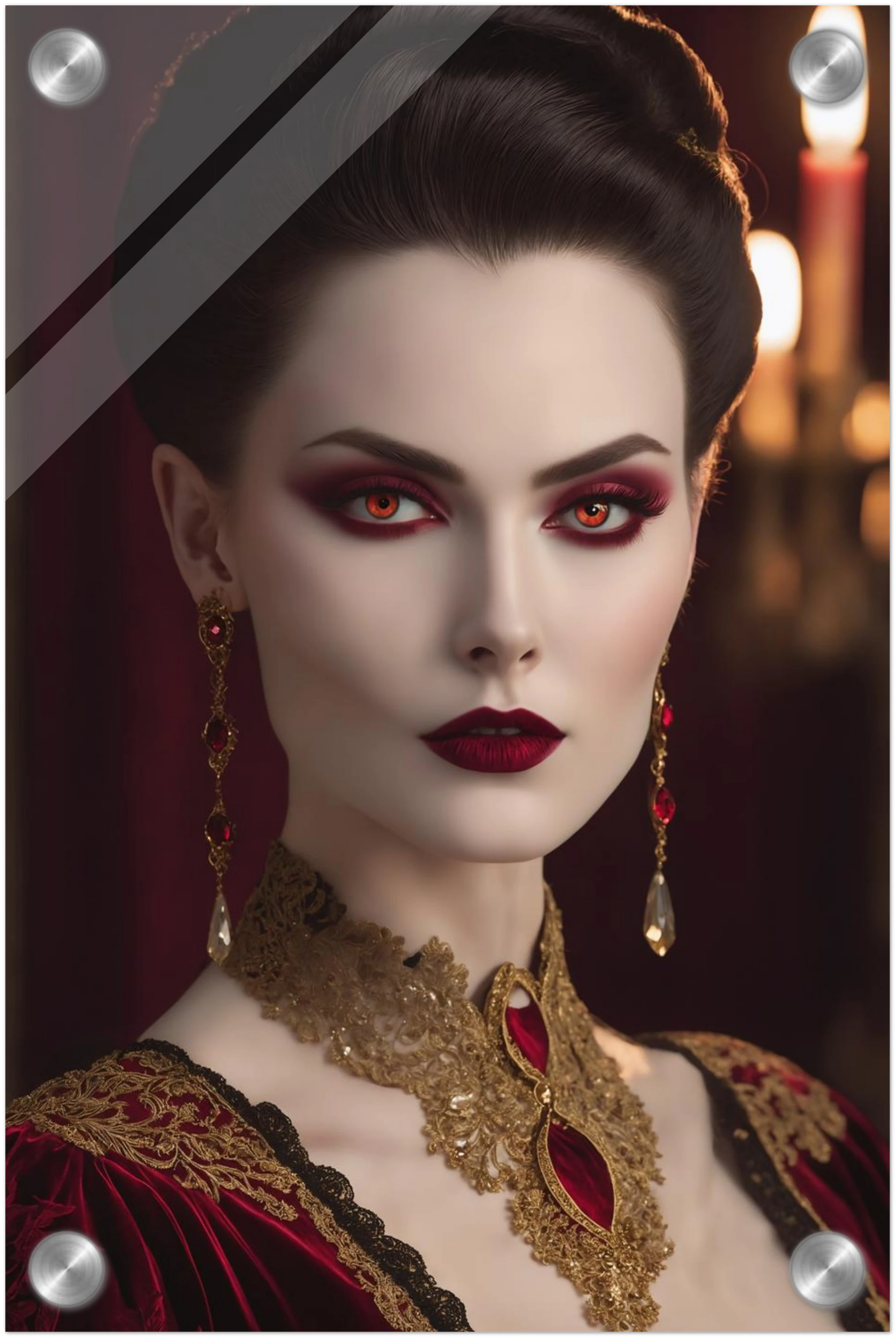 Digitales Porträt einer Frau im Gothic-Stil mit rot leuchtenden Augen, dunklem Haar und opulentem gold-rotem Halsschmuck. 20x30 cm. Acryl