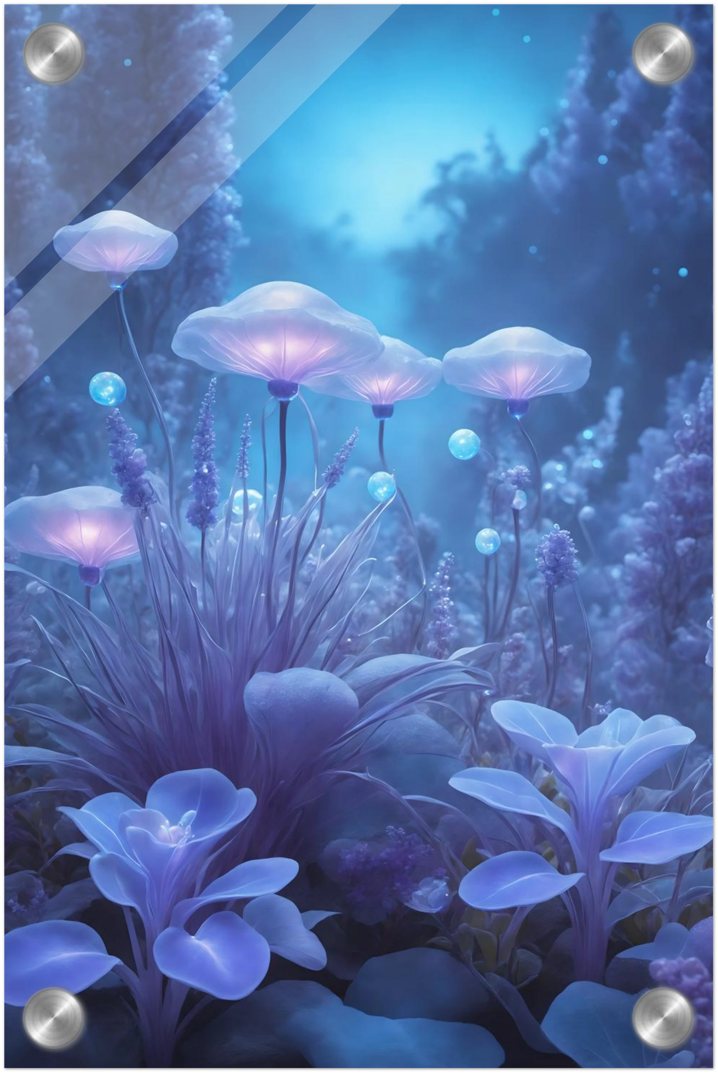 Digitales Kunstwerk einer fantastischen Waldlandschaft mit biolumineszenten, blau leuchtenden Pilzen und Blumen in sanftem Licht. 20x30 cm. Acryl