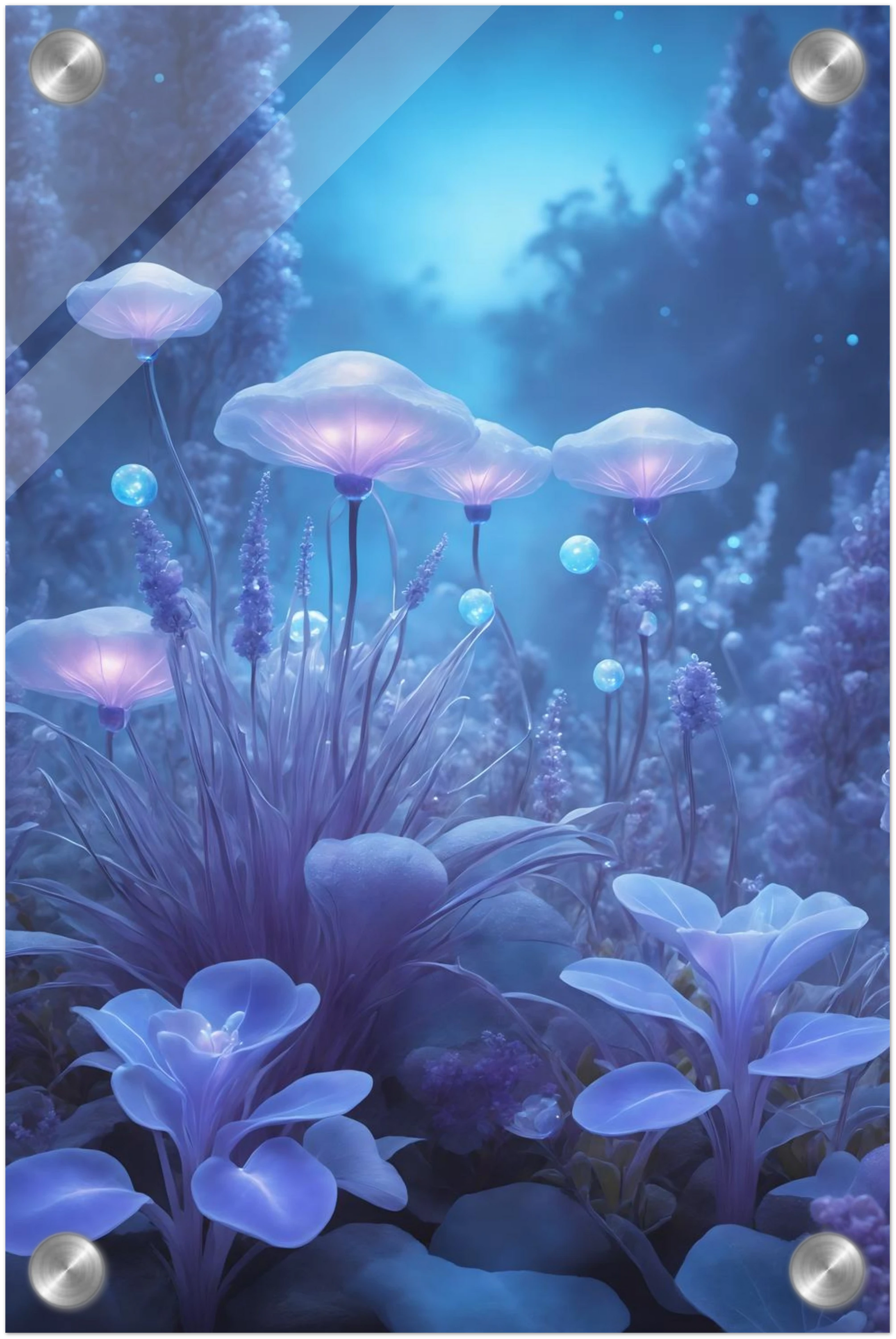 Digitales Kunstwerk einer fantastischen Waldlandschaft mit biolumineszenten, blau leuchtenden Pilzen und Blumen in sanftem Licht. 20x30 cm. Acryl