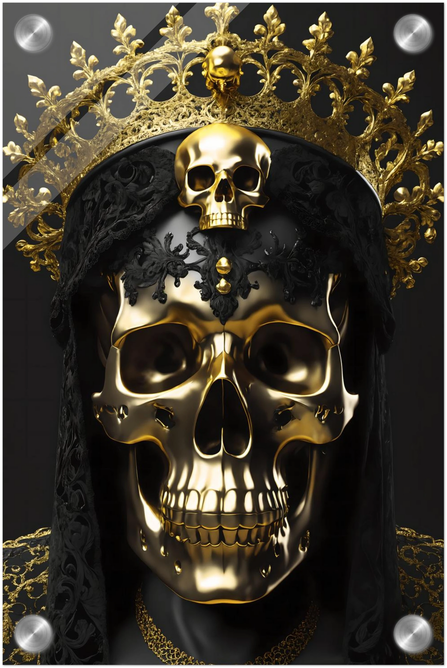 Modernes Wandbild eines golden glänzenden Schädels mit einer großen, filigranen Goldkrone vor dunklem Hintergrund. 20x30 cm. Acryl