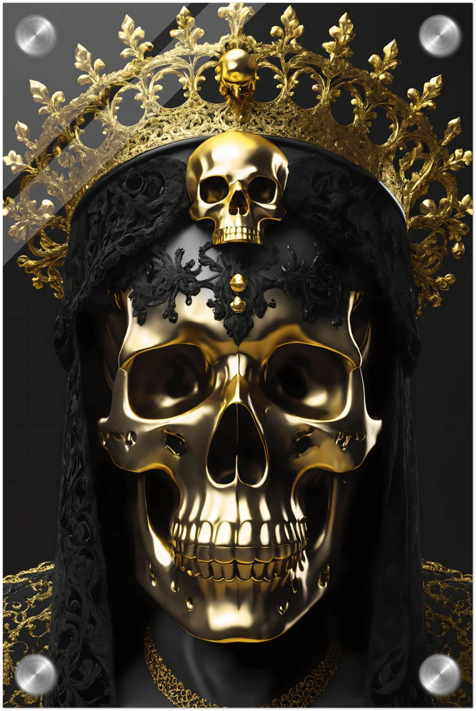 Modernes Wandbild eines golden glänzenden Schädels mit einer großen, filigranen Goldkrone vor dunklem Hintergrund. 20x30 cm. Acryl