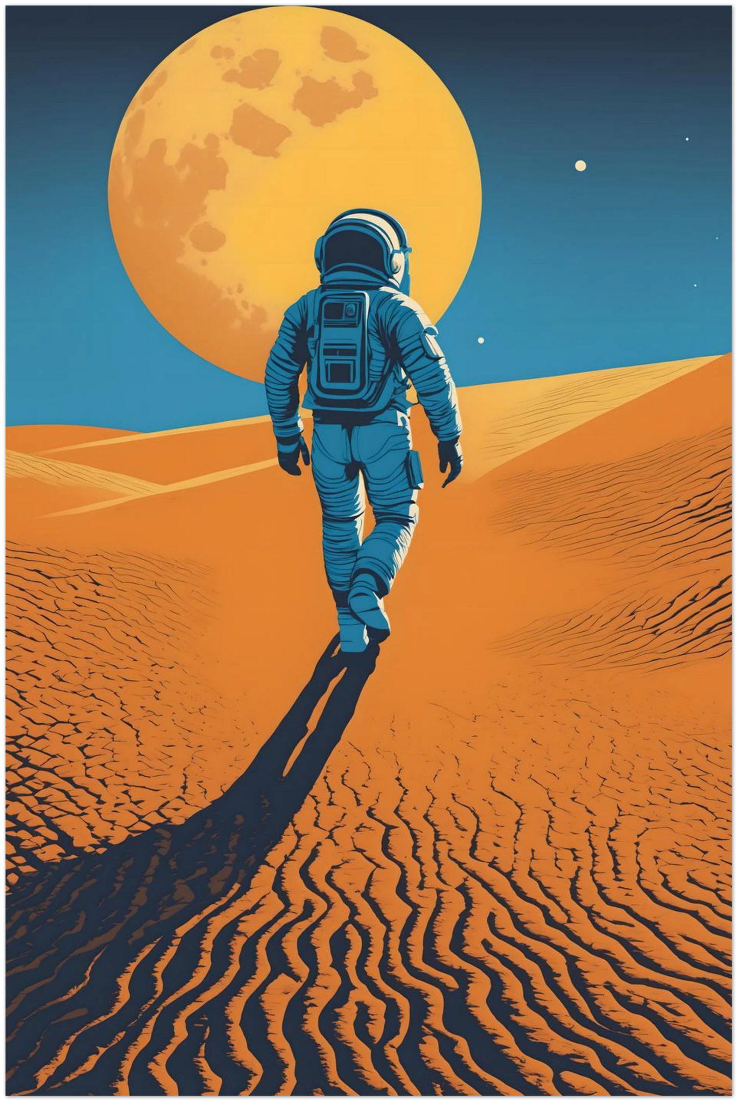 Illustration eines Astronauten, der bei Nacht durch eine orangefarbene Wüstenlandschaft unter einem großen Vollmond wandert. 20x30 cm. Dibond