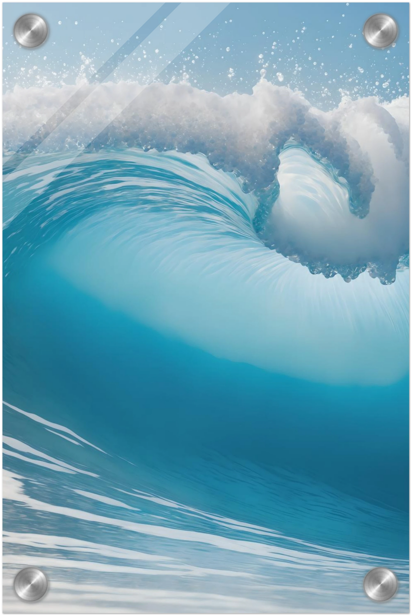Abstraktes Wandbild einer brechenden Meereswelle in Türkis und Blau mit weißer Gischt. 20x30 cm. Acryl