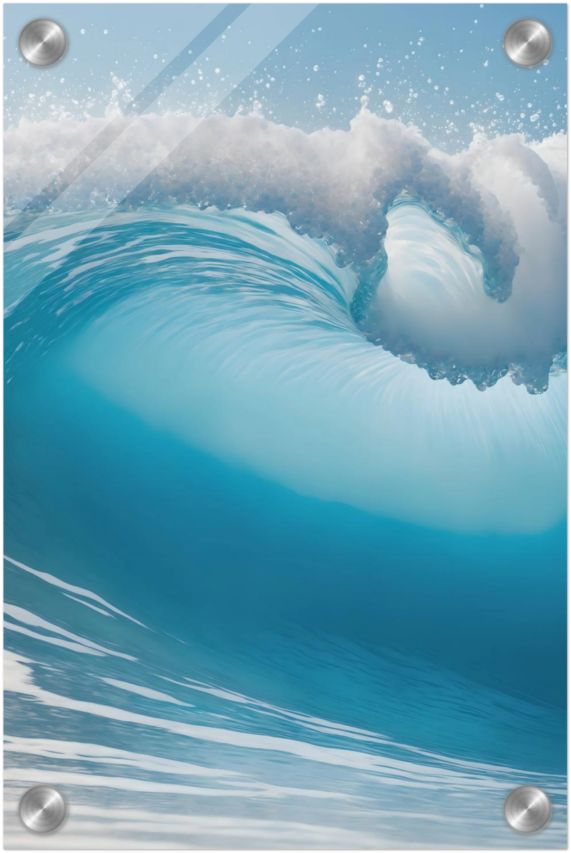 Abstraktes Wandbild einer brechenden Meereswelle in Türkis und Blau mit weißer Gischt. 20x30 cm. Acryl