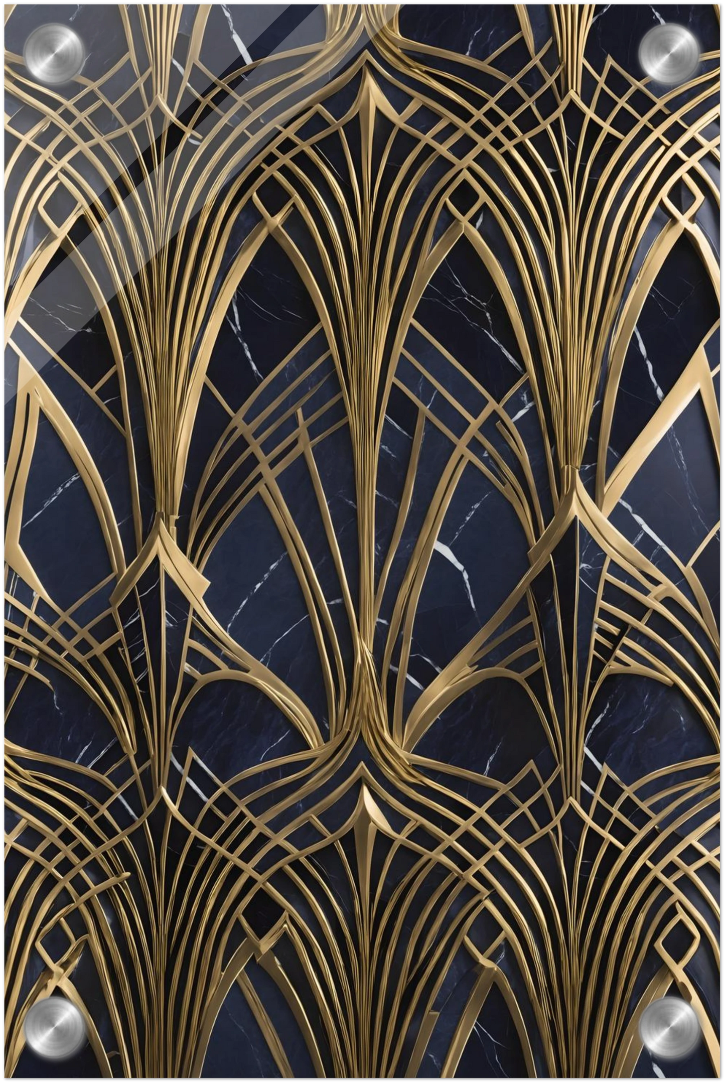 Modernes Wandbild mit goldenen, symmetrischen Art-Déco-Bögen auf einem dunkelblauen, marmorierten Hintergrund. 20x30 cm. Acryl
