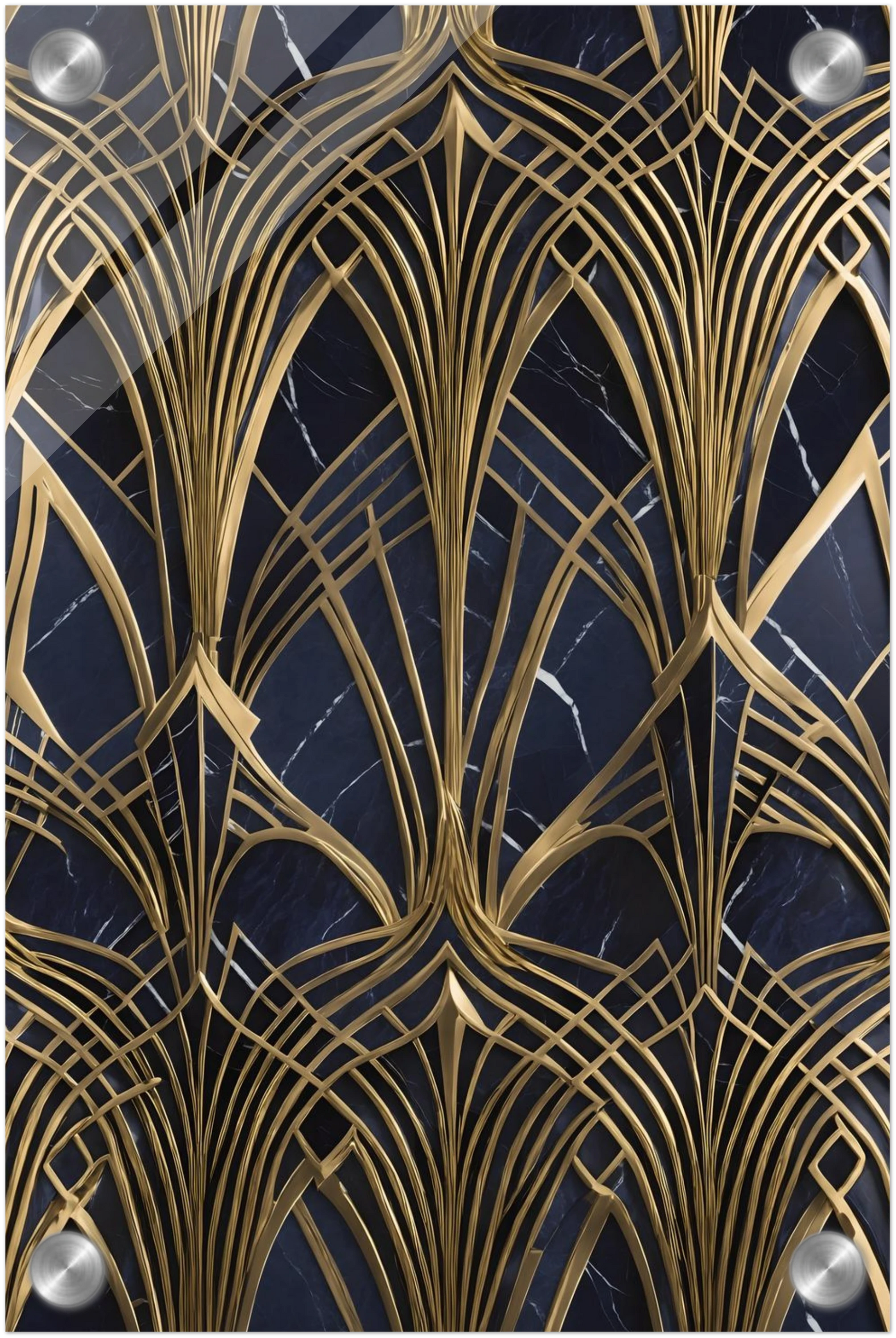 Modernes Wandbild mit goldenen, symmetrischen Art-Déco-Bögen auf einem dunkelblauen, marmorierten Hintergrund. 20x30 cm. Acryl