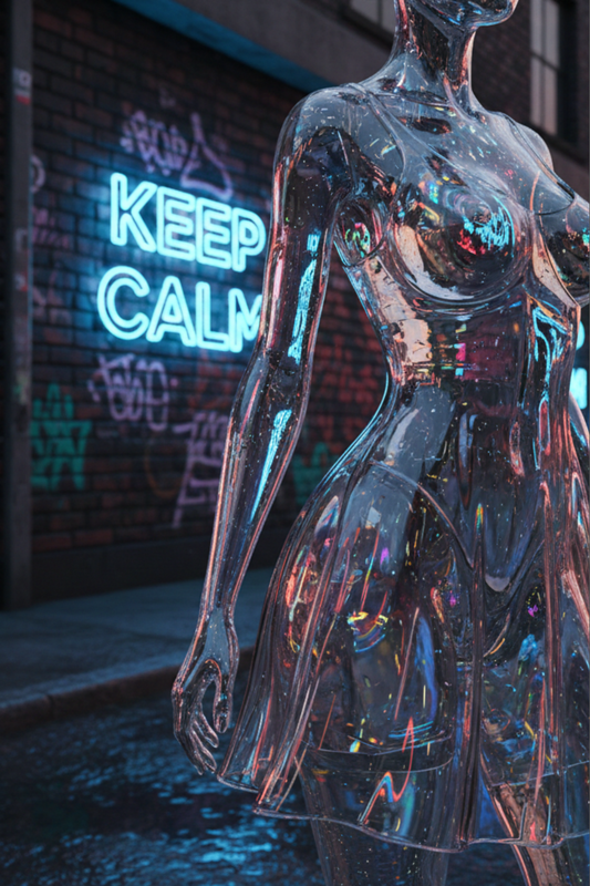 Wandbild einer transparenten Frauenfigur aus Glas vor einer Backsteinwand mit blauem 'Keep Calm' Neonschild. Acryl