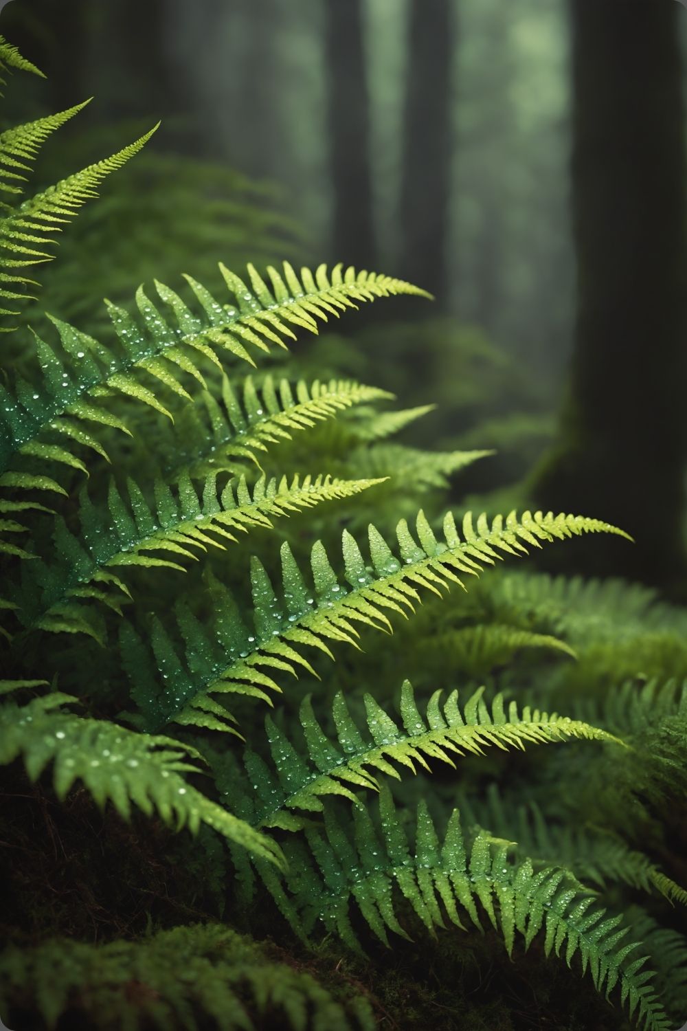 Nahaufnahme von grünen Farnwedeln mit Tautropfen in einem dichten, nebligen Wald mit weichem Hintergrund. Acryl