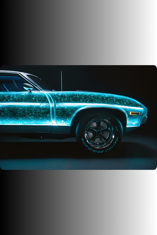 Tradition trifft Zukunft: „Neon Heritage“ zeigt ein klassisches Auto mit leuchtendem High-Tech-Kern. Einzigartiges Design für Technik-Fans bei Gudekind. Acryl