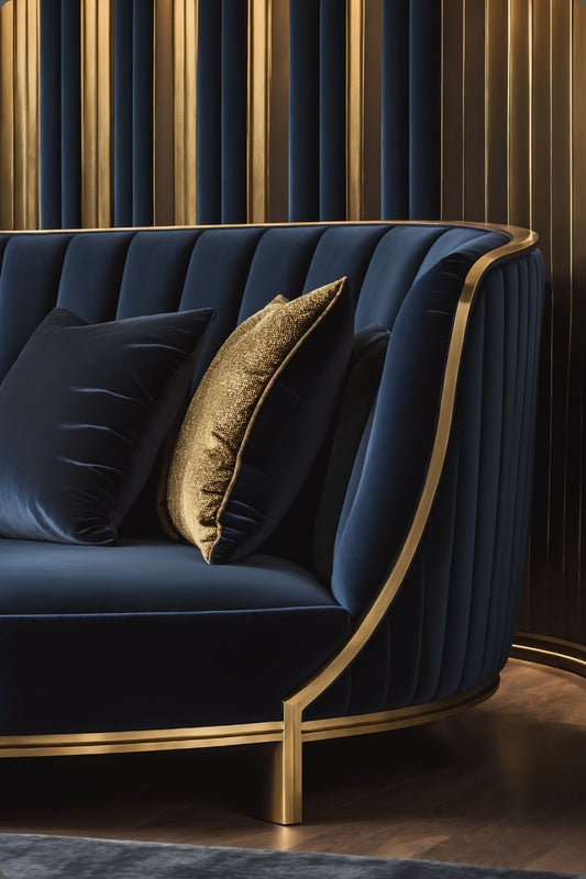 Detailaufnahme eines dunkelblauen Samtsofas mit goldenen Rahmen und Kissen vor einer gold-gestreiften Wand. Acryl